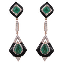 Art Deco 3,54 Karat, natürlicher sambischer Smaragd, Diamant und Emaille-Ohrringe