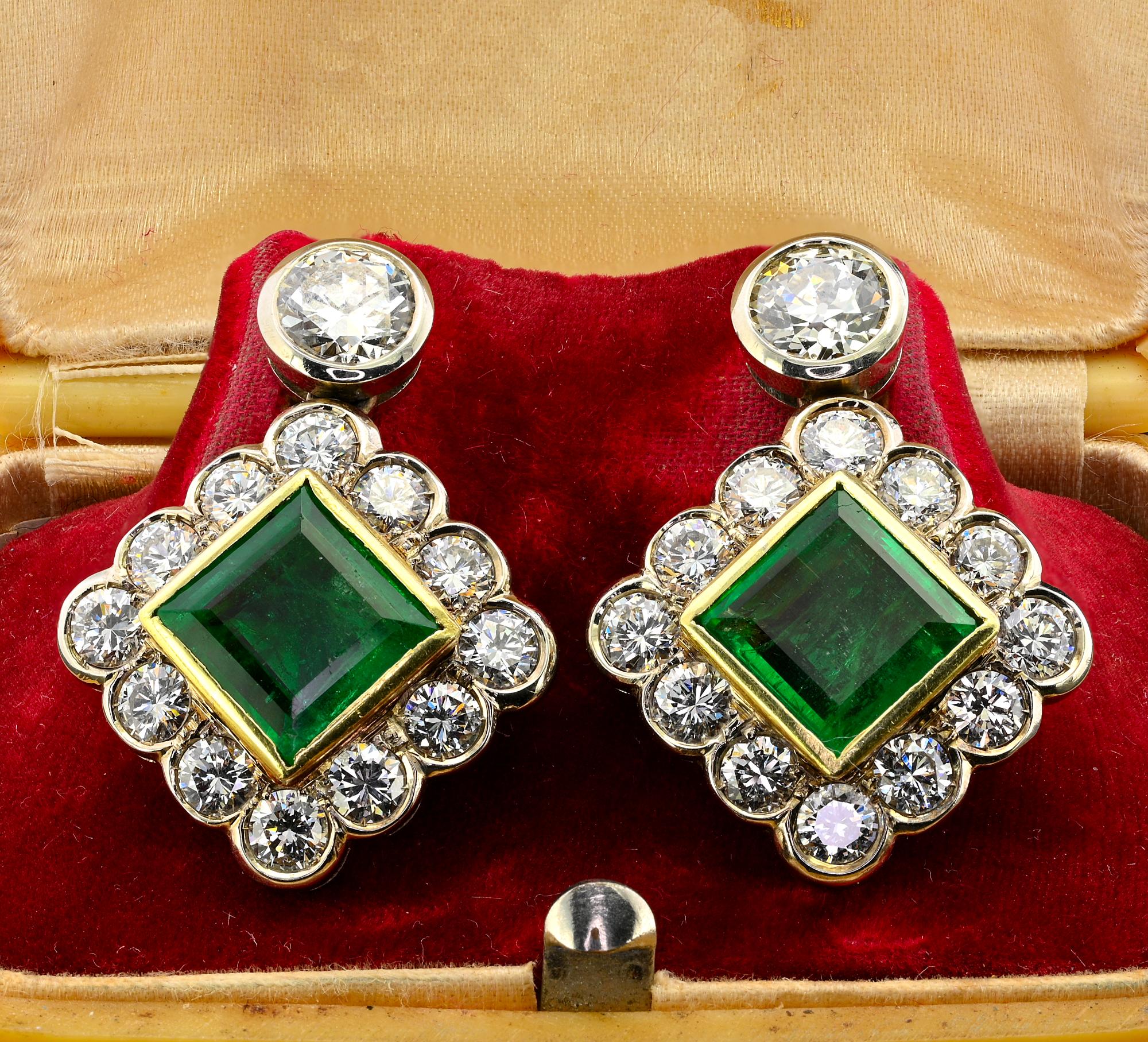 Sensational pair of Art Deco Diamond & Colombian Emeralds cluster earrings, 1935 circa
Skillfully hand crafted in traditional cluster setting classy in design with great impact when worn
They have been made of solid 18 KT gold white & yellow