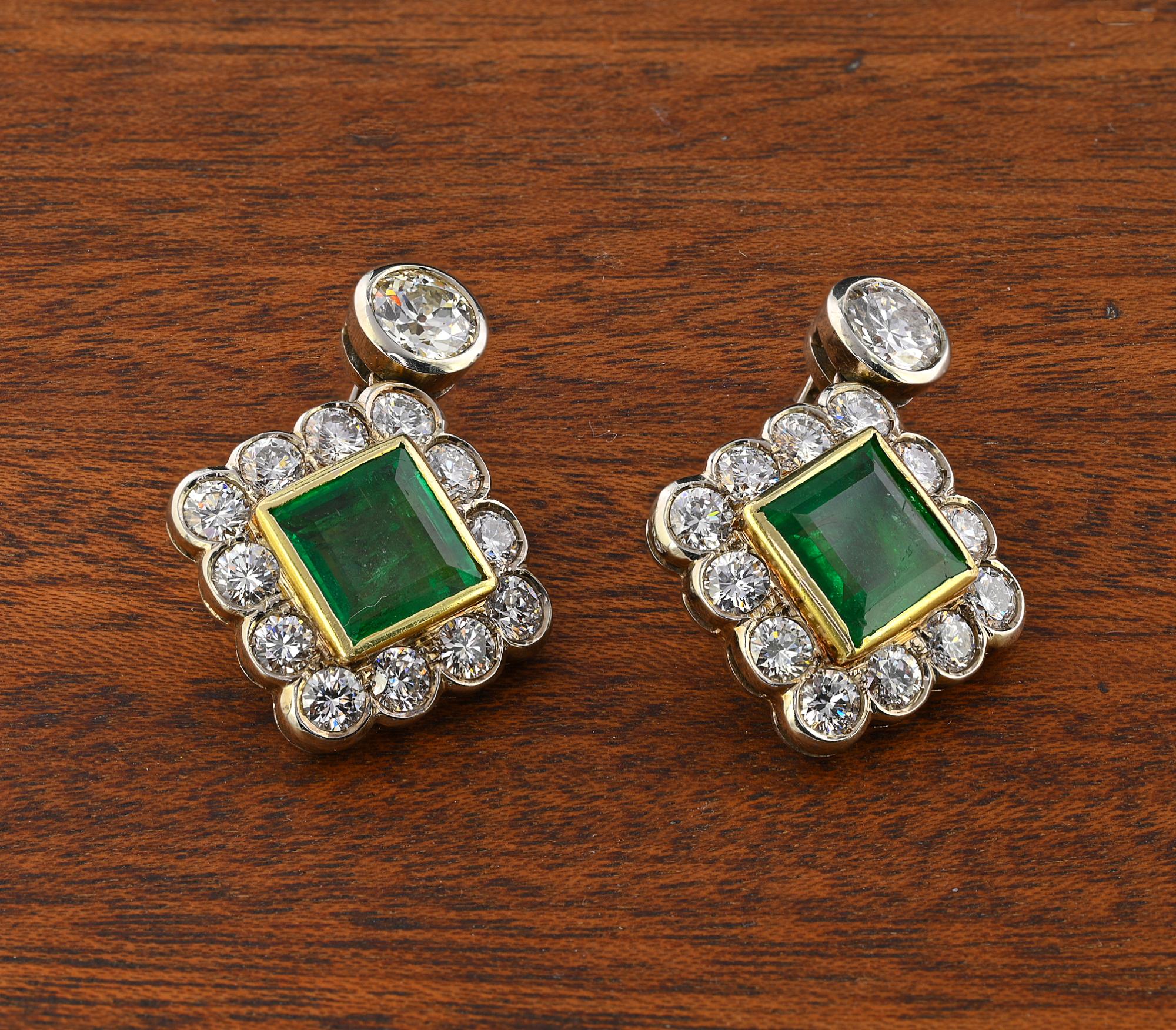 Women's Art Deco 3.54 Ct Colombian Emerald 5.75 CT Diamond 18 KT Earrings For Sale