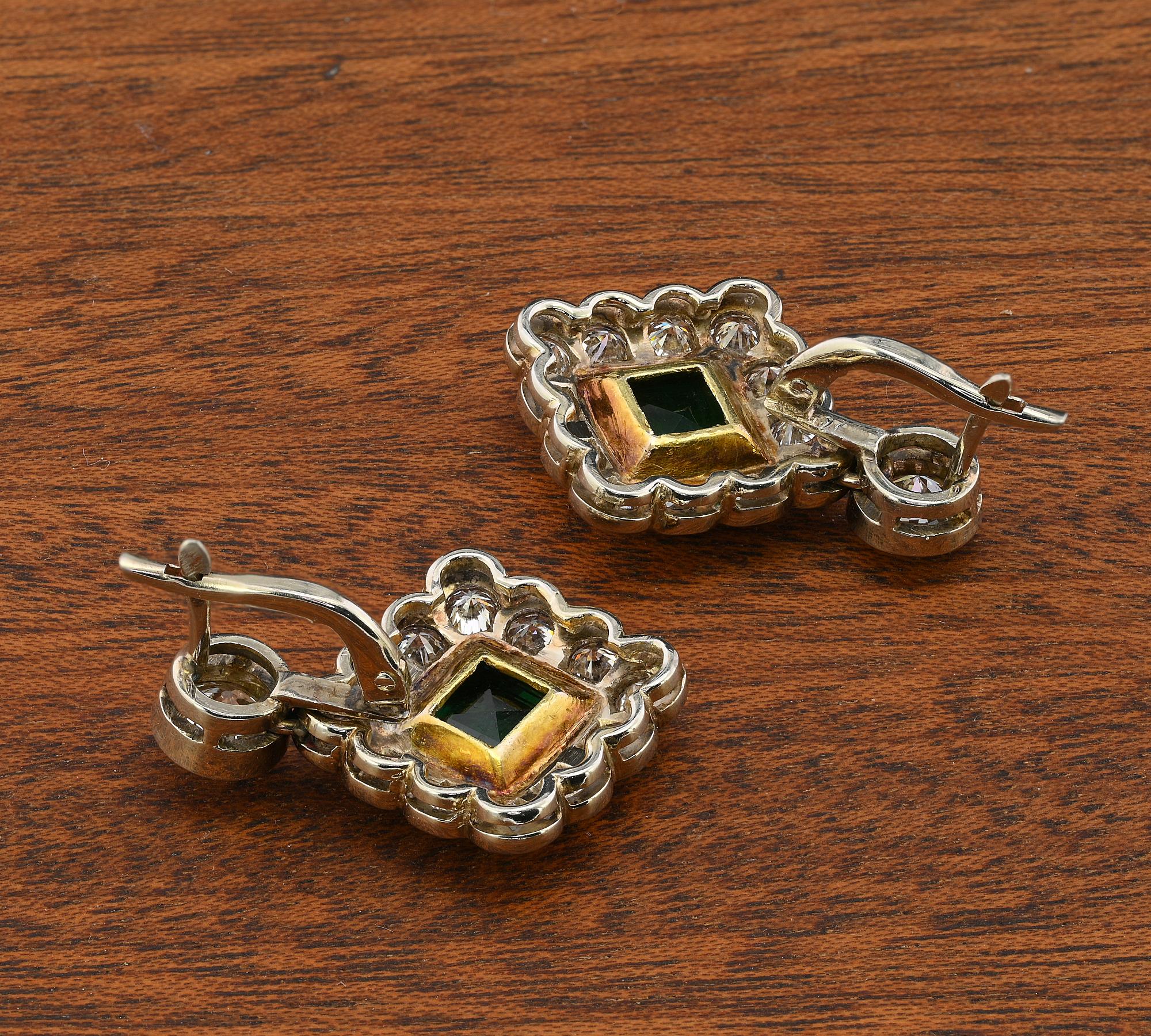 Art Deco 3.54 Ct Colombian Emerald 5.75 CT Diamond 18 KT Earrings For Sale 3