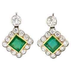 Art Deco 3.54 Ct Colombian Emerald 5.75 CT Diamond 18 KT Earrings