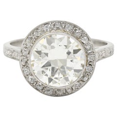 Art Deco 3.55 CTW Old European Cut Diamond Platinum Foliate Halo Engagement Ring