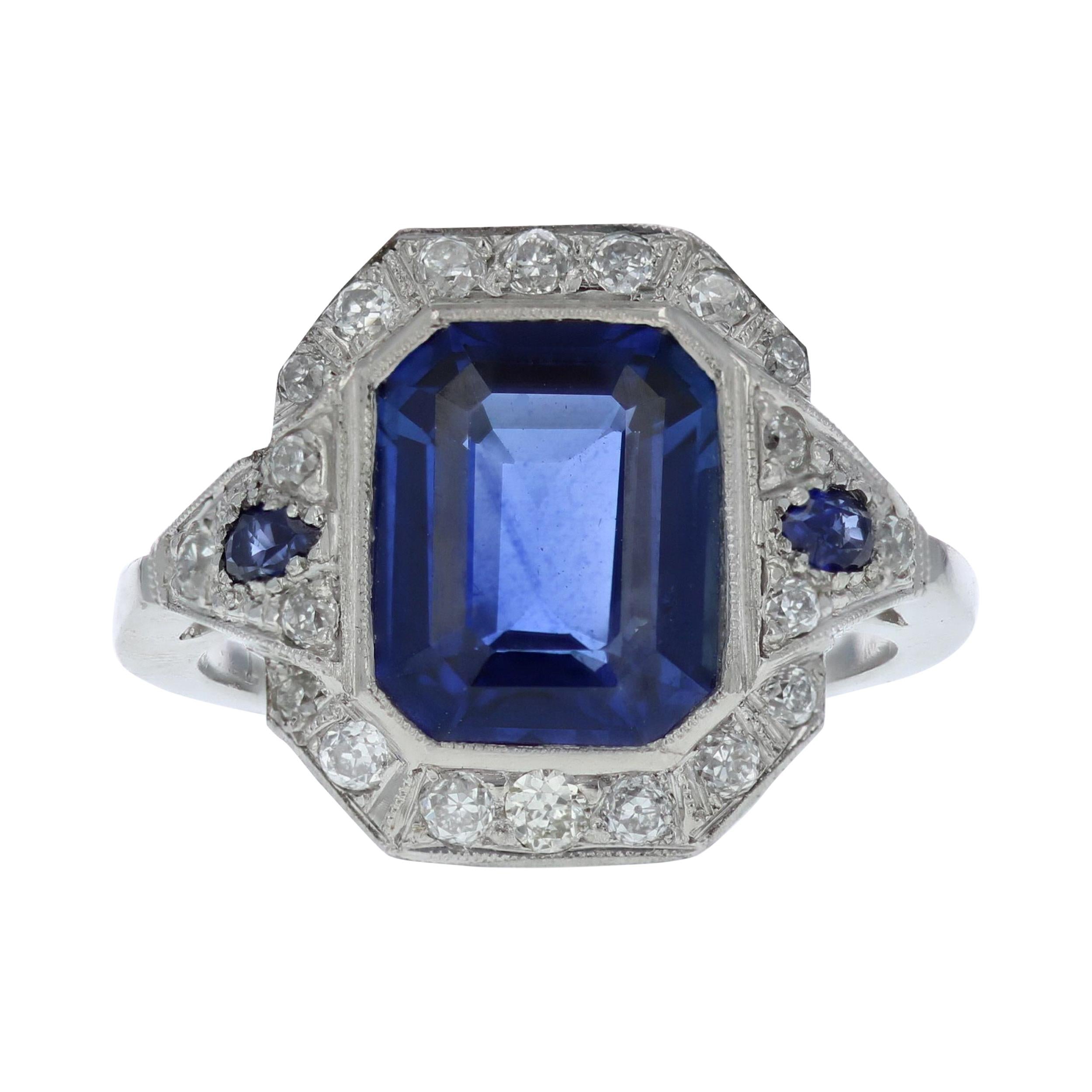 Art Deco Style 3.55 Emerald Cut Blue Sapphire and Diamond Ring