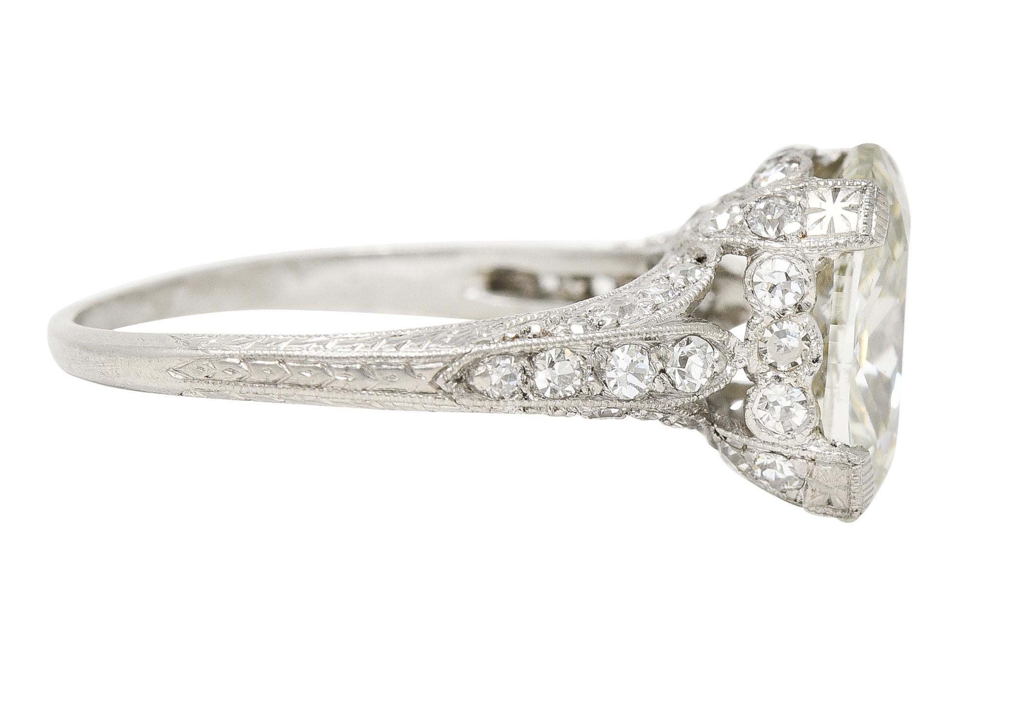 Art Deco 3.59 Carats Old Mine Cut Diamond Platinum Wheat Vintage Engagement Ring In Excellent Condition In Philadelphia, PA