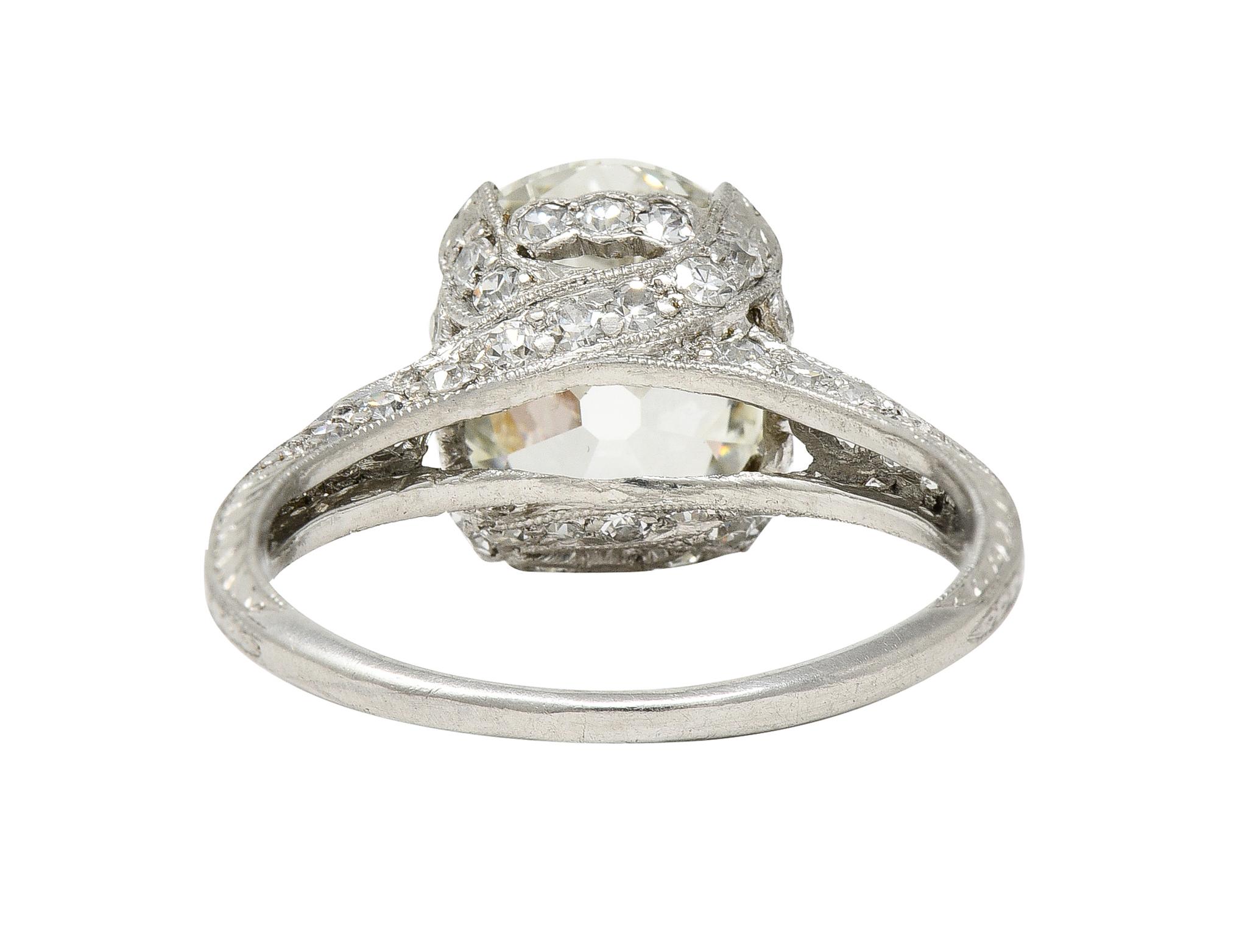 Women's or Men's Art Deco 3.59 Carats Old Mine Cut Diamond Platinum Wheat Vintage Engagement Ring