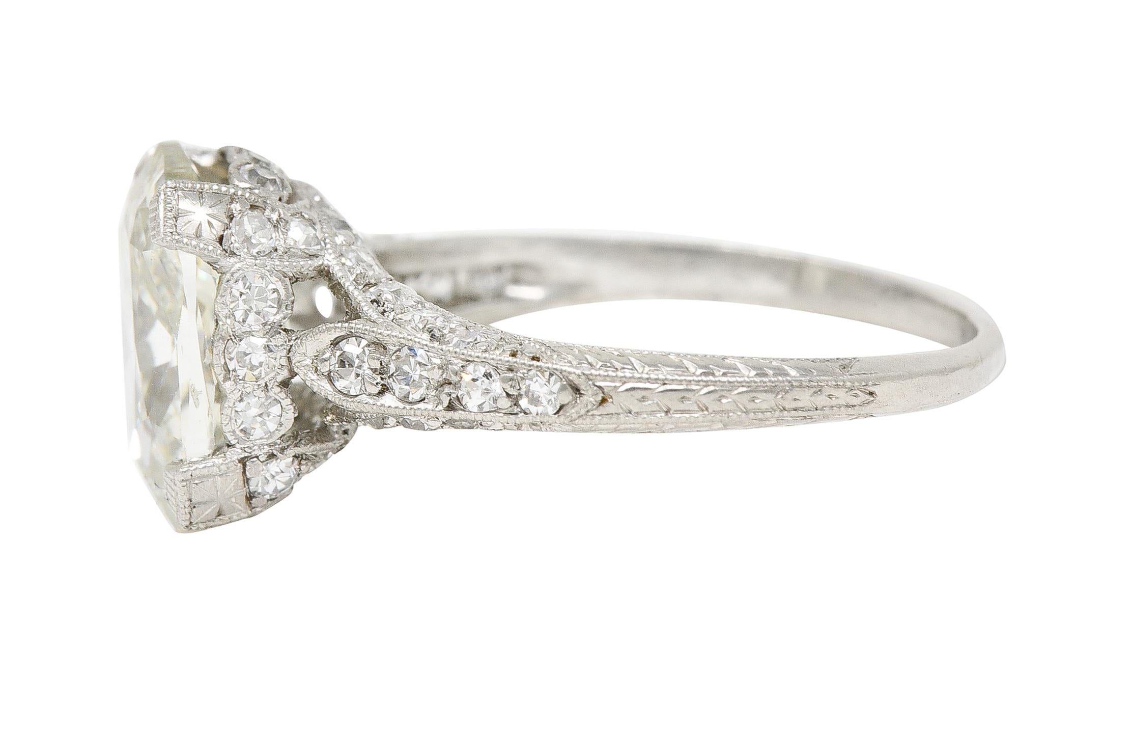 Art Deco 3.59 Carats Old Mine Cut Diamond Platinum Wheat Vintage Engagement Ring 1