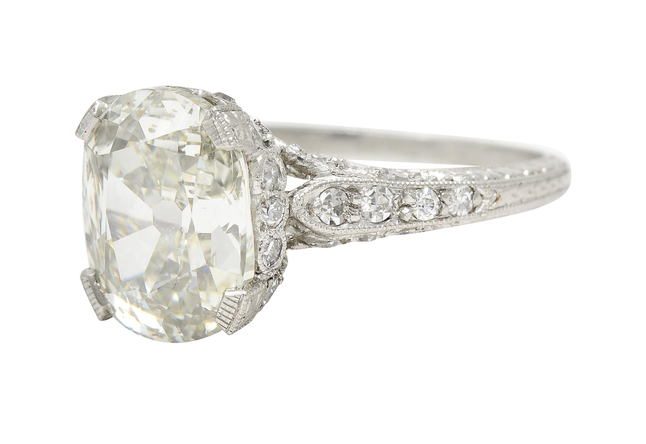 Art Deco 3.59 Carats Old Mine Cut Diamond Platinum Wheat Vintage Engagement Ring 2