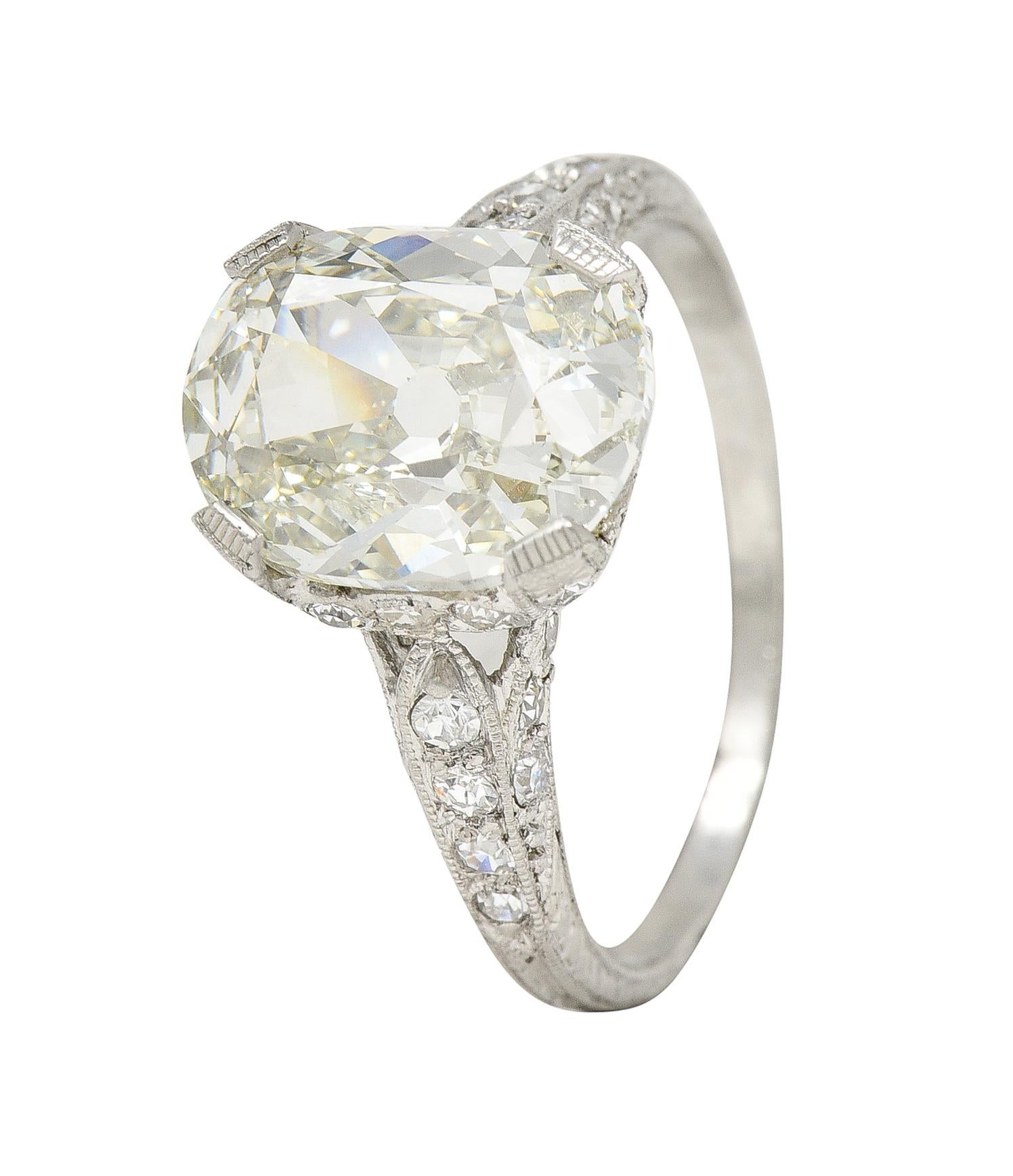 Art Deco 3.59 Carats Old Mine Cut Diamond Platinum Wheat Vintage Engagement Ring 4