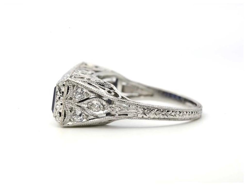 Old European Cut Art Deco 3.59ctw Sapphire & Diamond Filigree Ring in Platinum For Sale