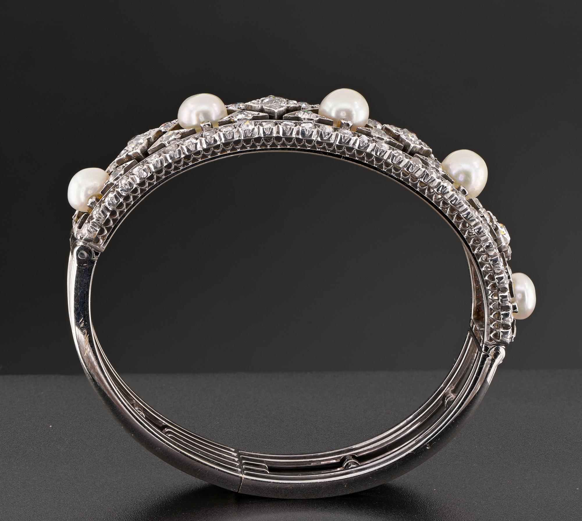 Art Deco  3.60 Ct Diamond Natural Pearl Rare Bangle 18 Kt For Sale 6