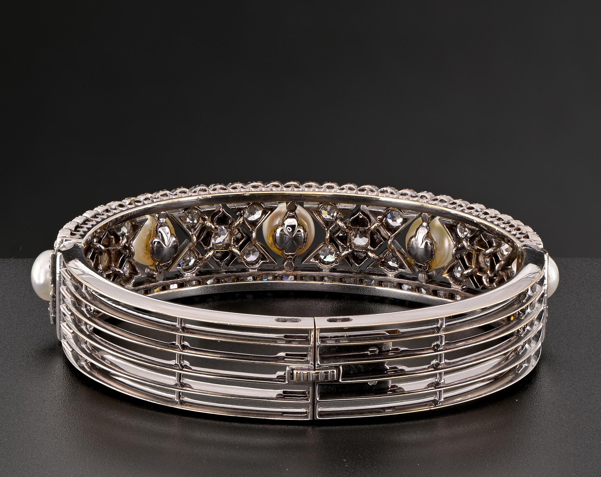 Art Deco  3.60 Ct Diamond Natural Pearl Rare Bangle 18 Kt For Sale 7