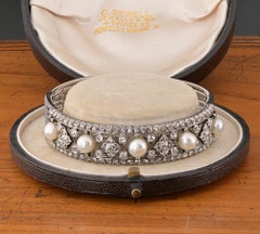 Art Deco  3.60 Ct Diamond Natural Pearl Rare Bangle 18 Kt