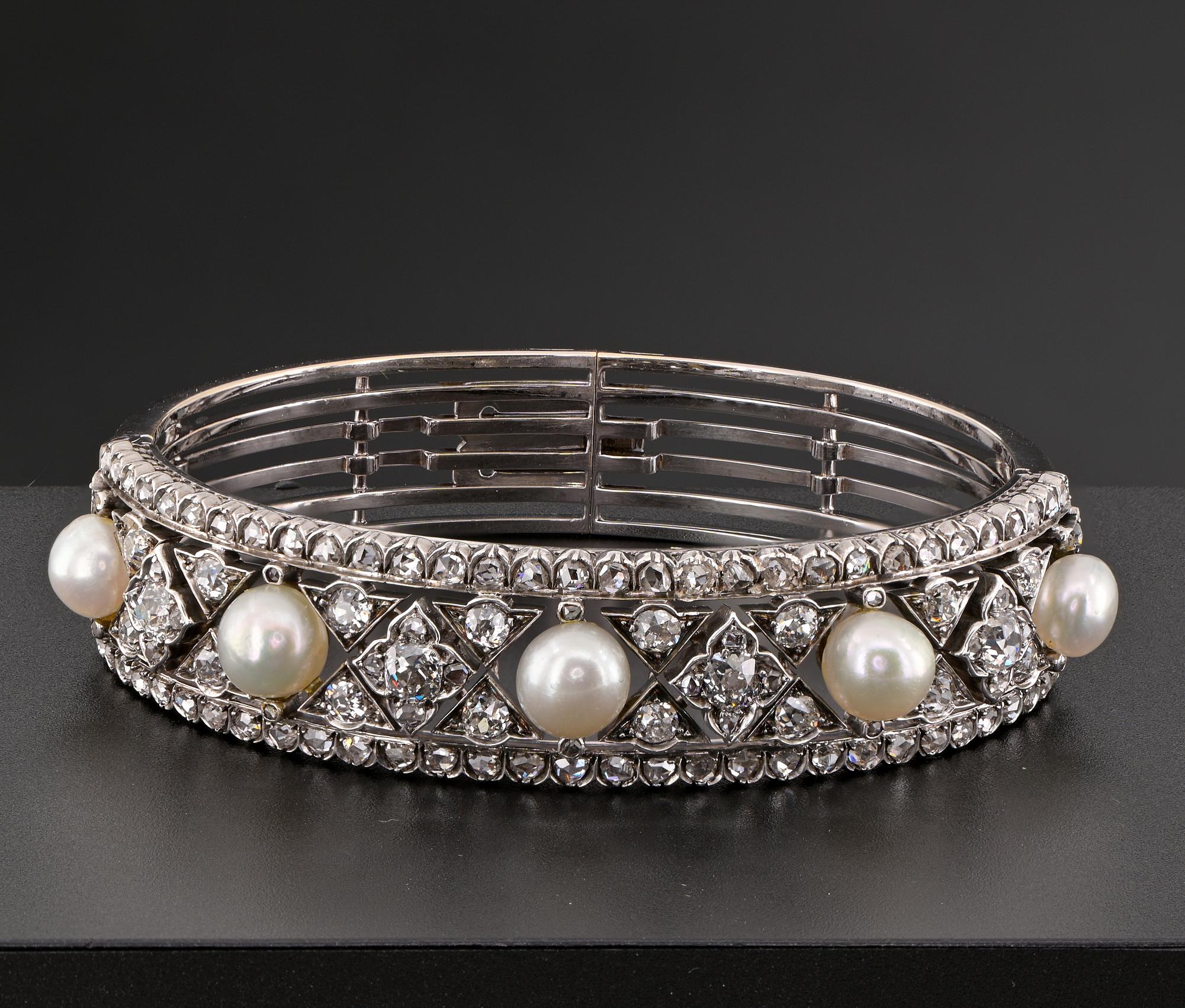 Old Mine Cut Art Deco  3.60 Ct Diamond Natural Pearl Rare Bangle 18 Kt For Sale
