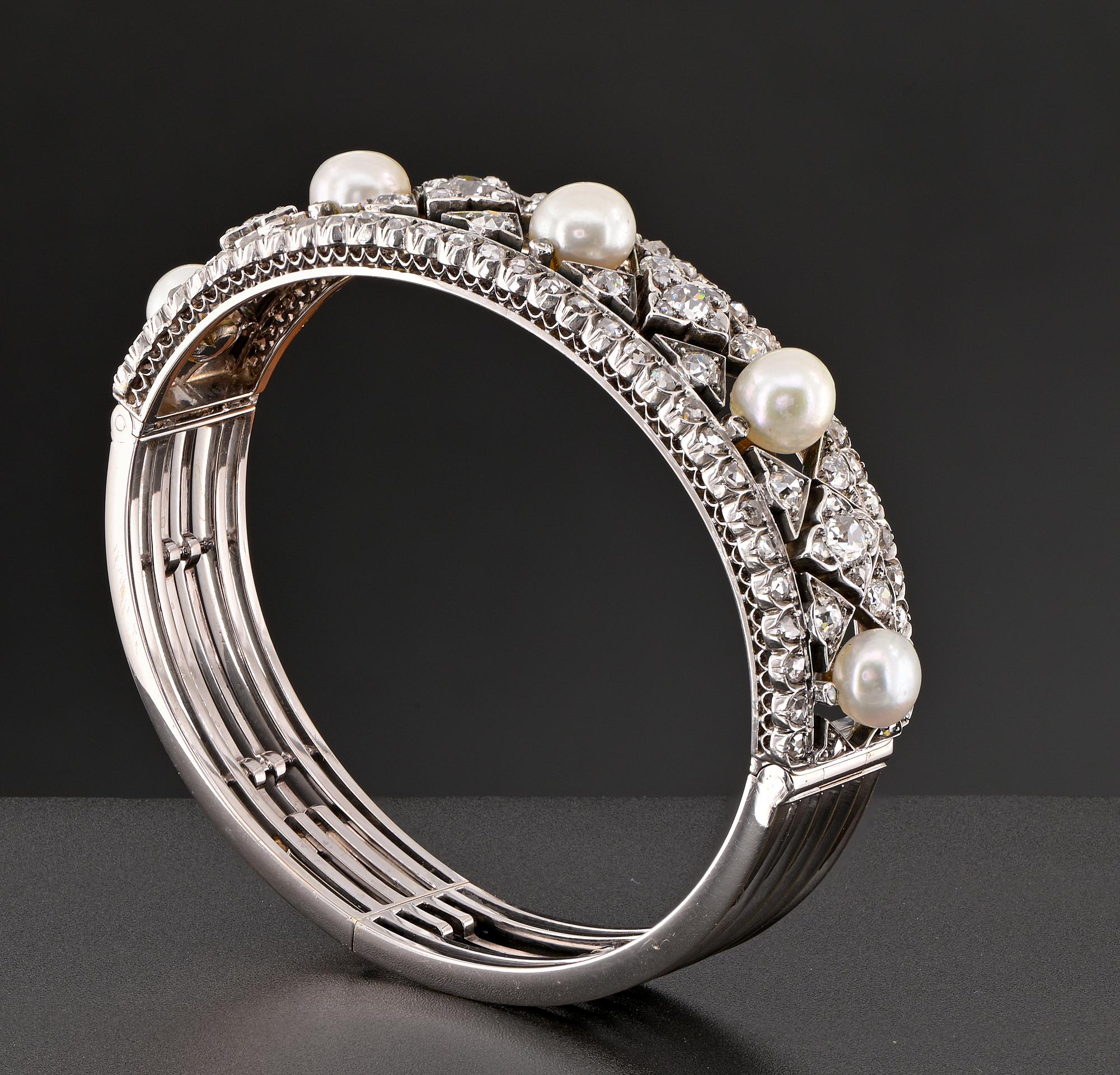 Art Deco  3.60 Ct Diamond Natural Pearl Rare Bangle 18 Kt For Sale 1