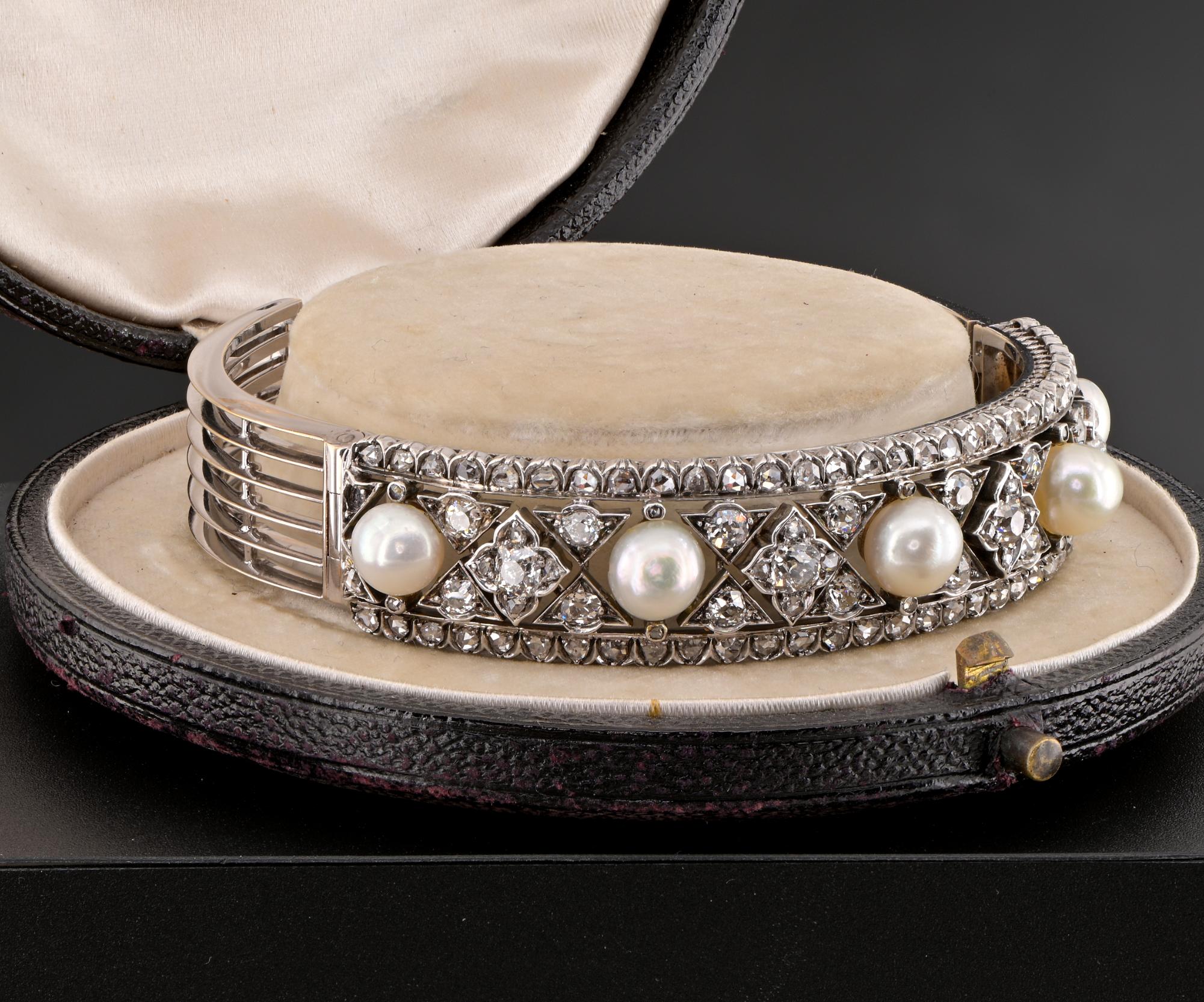 Art Deco  3.60 Ct Diamond Natural Pearl Rare Bangle 18 Kt For Sale 2