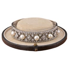 Art Deco  3.60 Ct Diamond Natural Pearl Rare Bangle 18 Kt