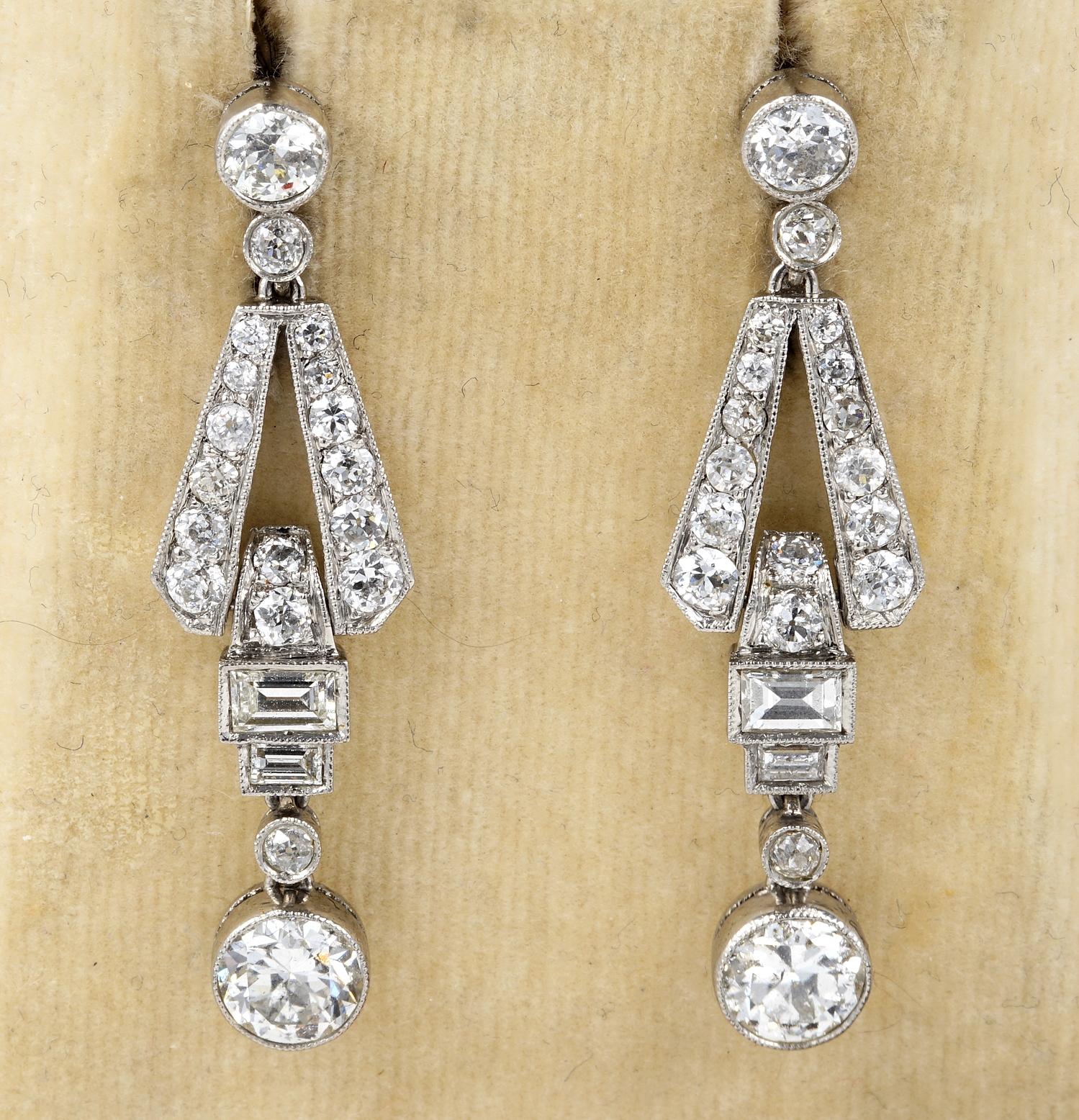 This marvellous pair of Diamond earrings are Art Deco period 1920 ca.
Superb in design expressing in full the refined elegance of that time period
Skilful hand crafted as unique of solid Platinum
Set with 3.60 TCW of old European cut Diamonds  G