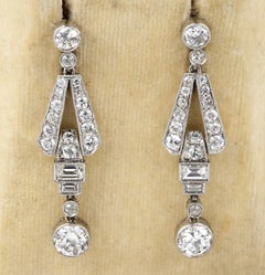 Art Deco 3.60 Ct Diamond Platinum Drop Earrings