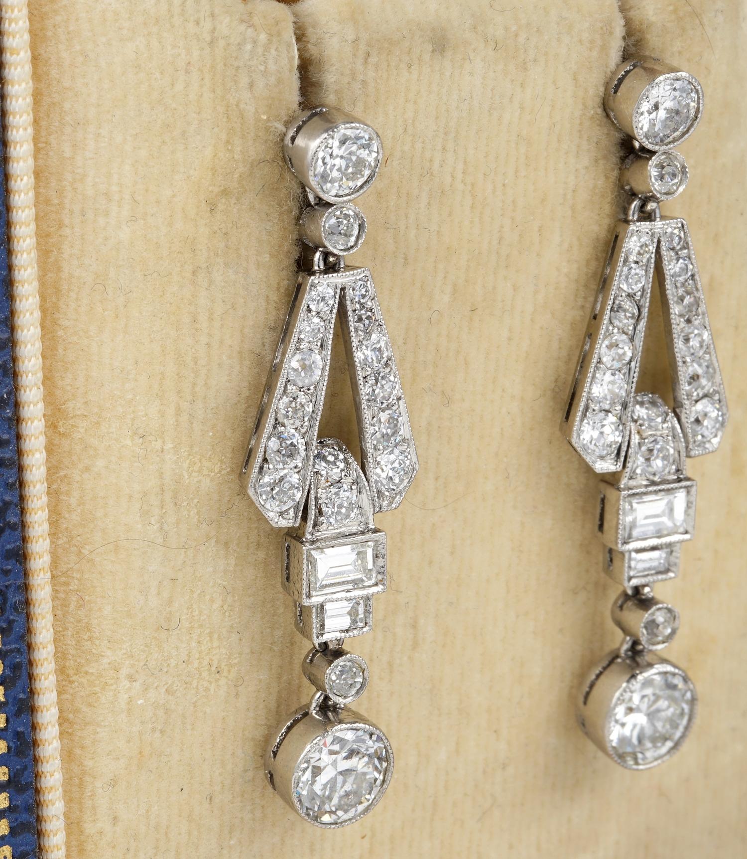 Old European Cut Art Deco 3.60 Ct Diamond Platinum Drop Earrings For Sale