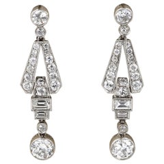 Boucles d'oreilles Art Déco 3.60 Ct Diamond Platinum Drop Ears