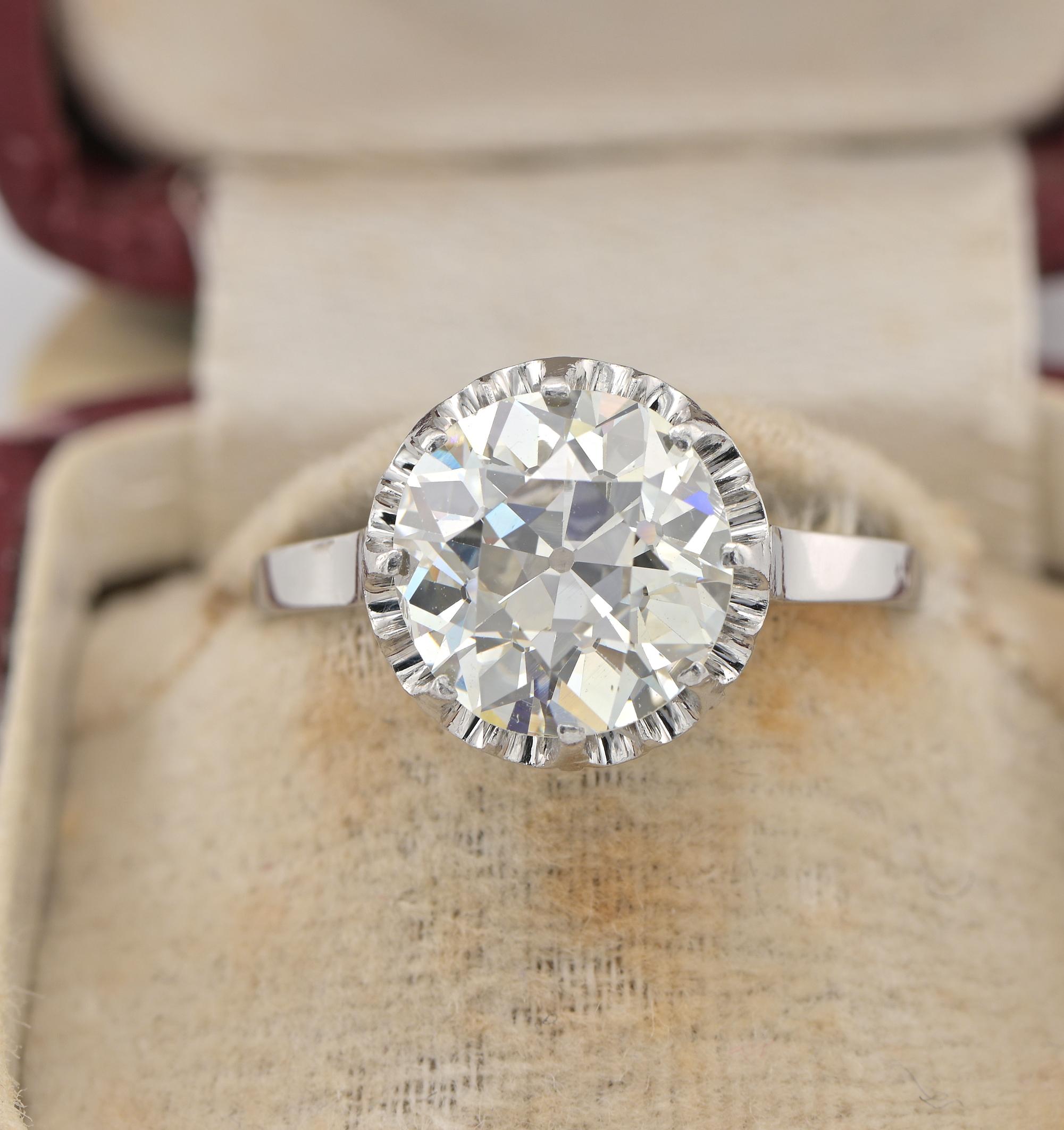 Diamonds For Ever
This stunning antique Art Deco period Diamond solitaire ring is the understated tradition for design and size
A bright white, perfect in size, old cut Diamond stands in a simple yet effective classy mount originated in the 20’s to