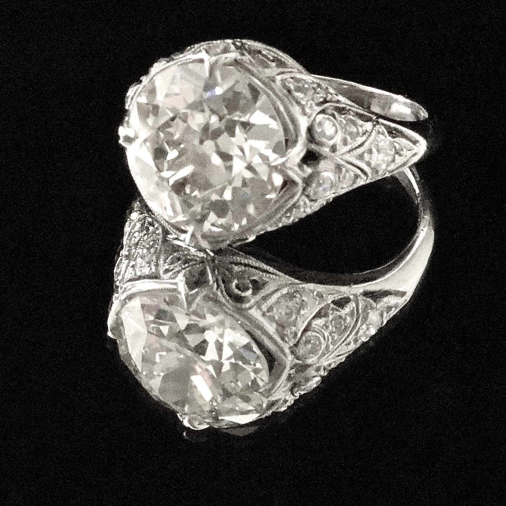 Art Deco 3.62 Carat Old European Cut Diamond Platinum Engagement Ring In Good Condition In Beverly Hills, CA