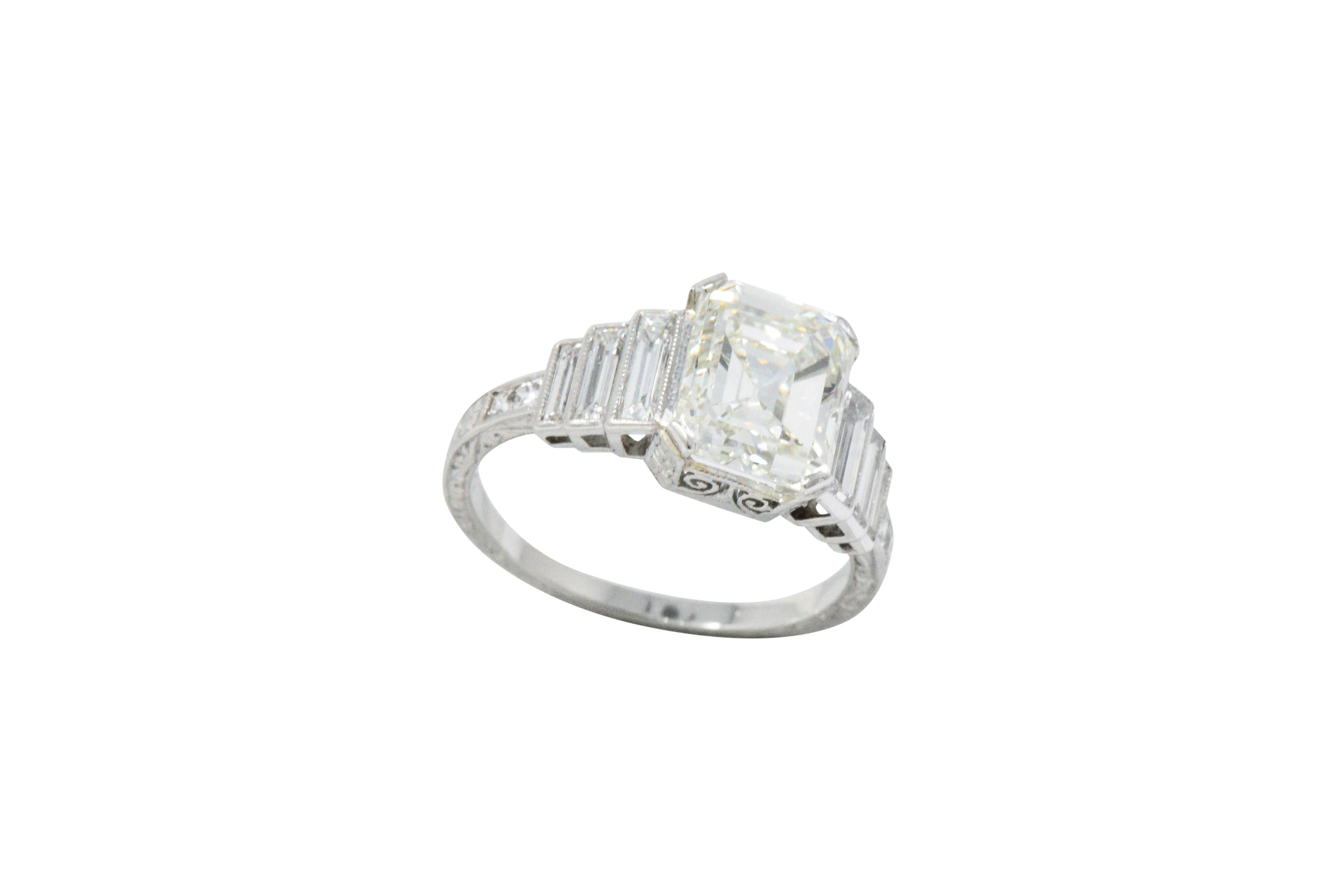 Art Deco 3.64 CTW Asscher Cut Diamond & Platinum Alternative Ring GIA In Excellent Condition In Philadelphia, PA