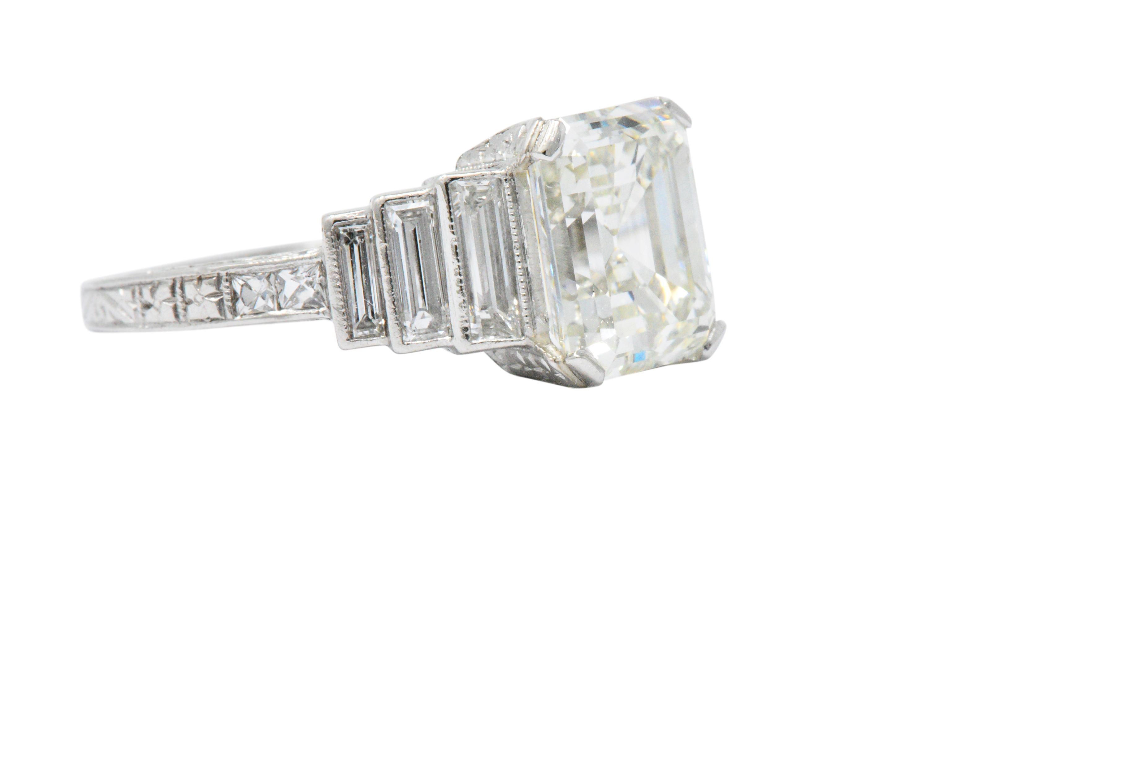 Women's or Men's Art Deco 3.64 CTW Asscher Cut Diamond & Platinum Alternative Ring GIA