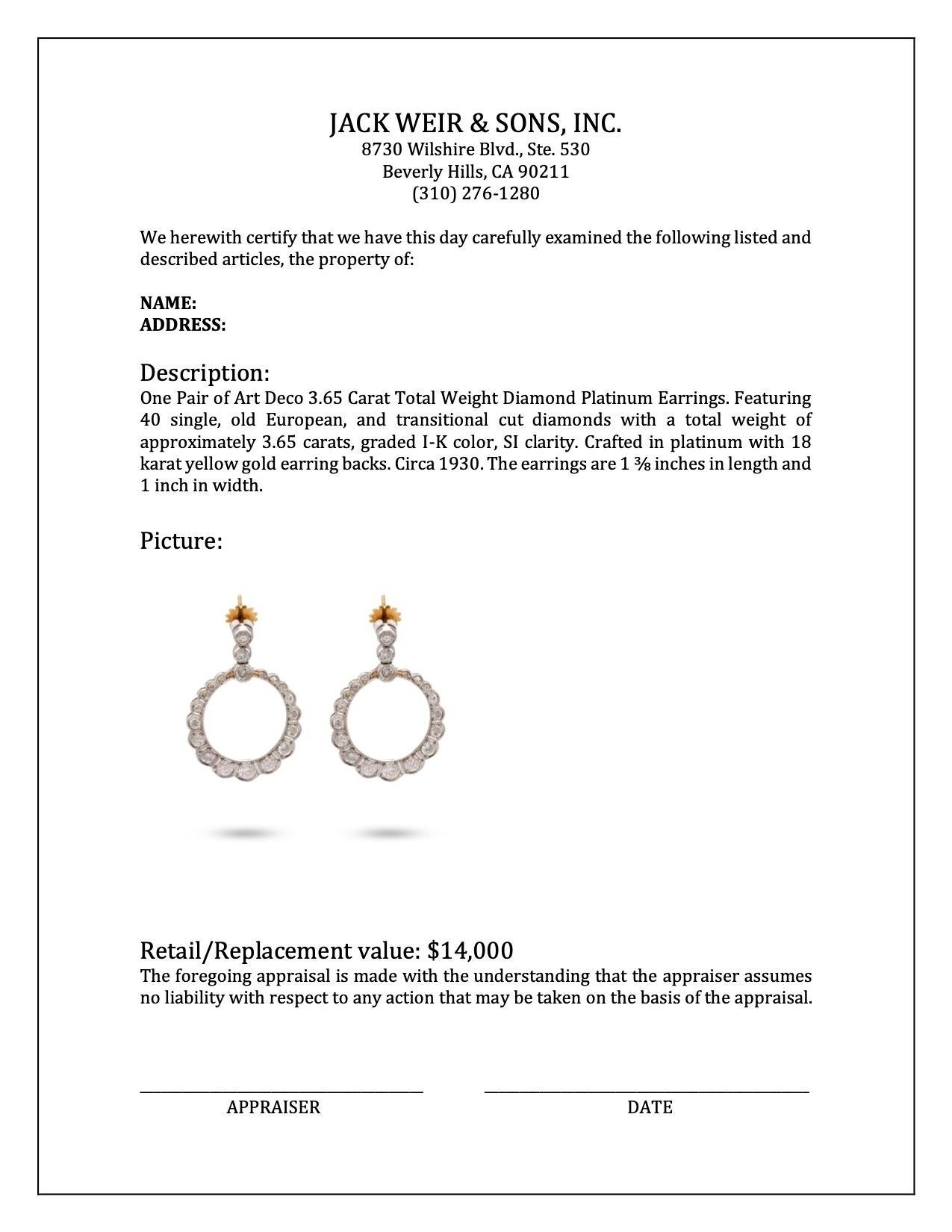Art Deco 3.65 Carat Total Weight Diamond Platinum Earrings For Sale 1