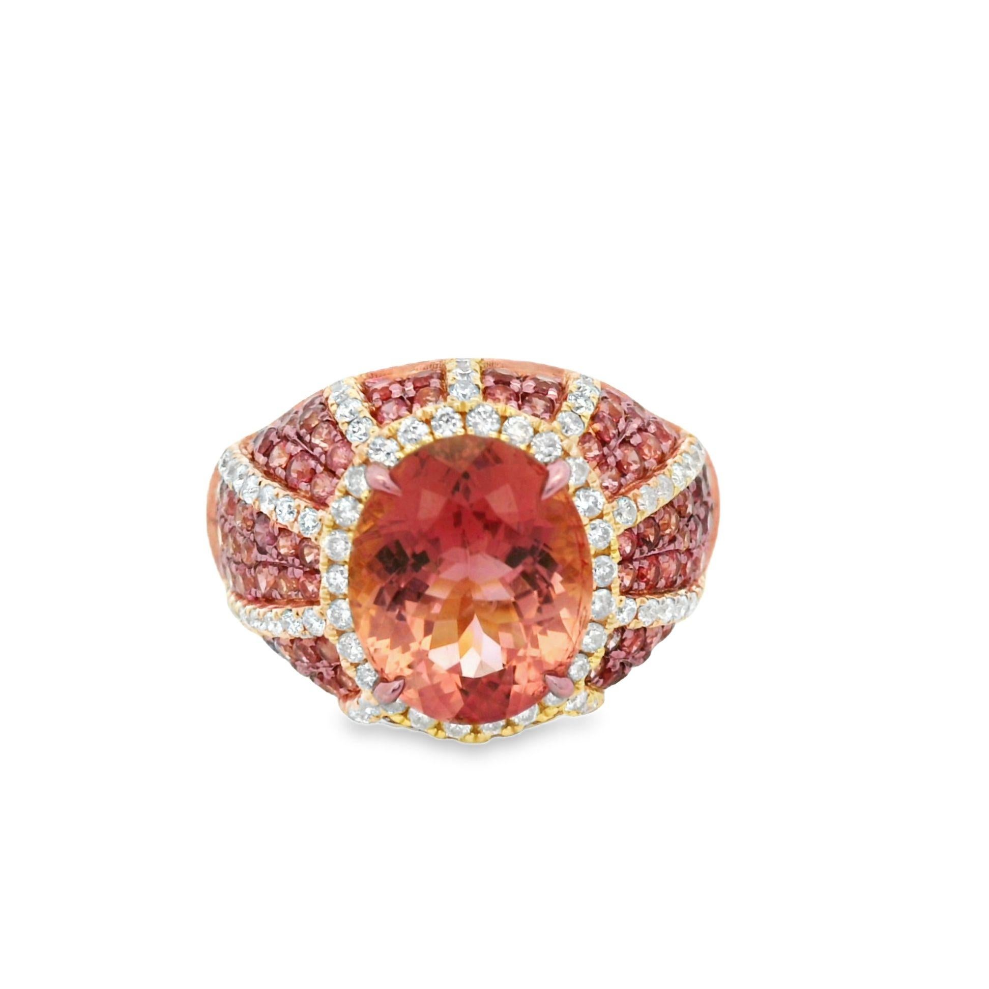Anillo Art Déco de 3,68 quilates de turmalina rosa, zafiro rosa y diamantes en oro amarillo de 18 quilates en venta 2