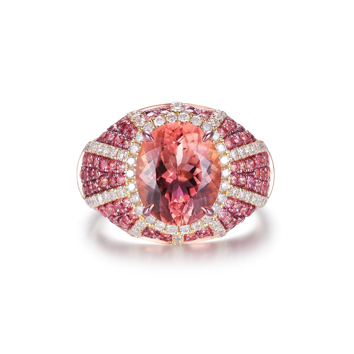 Anillo Art Déco de 3,68 quilates de turmalina rosa, zafiro rosa y diamantes en oro amarillo de 18 quilates en venta 3