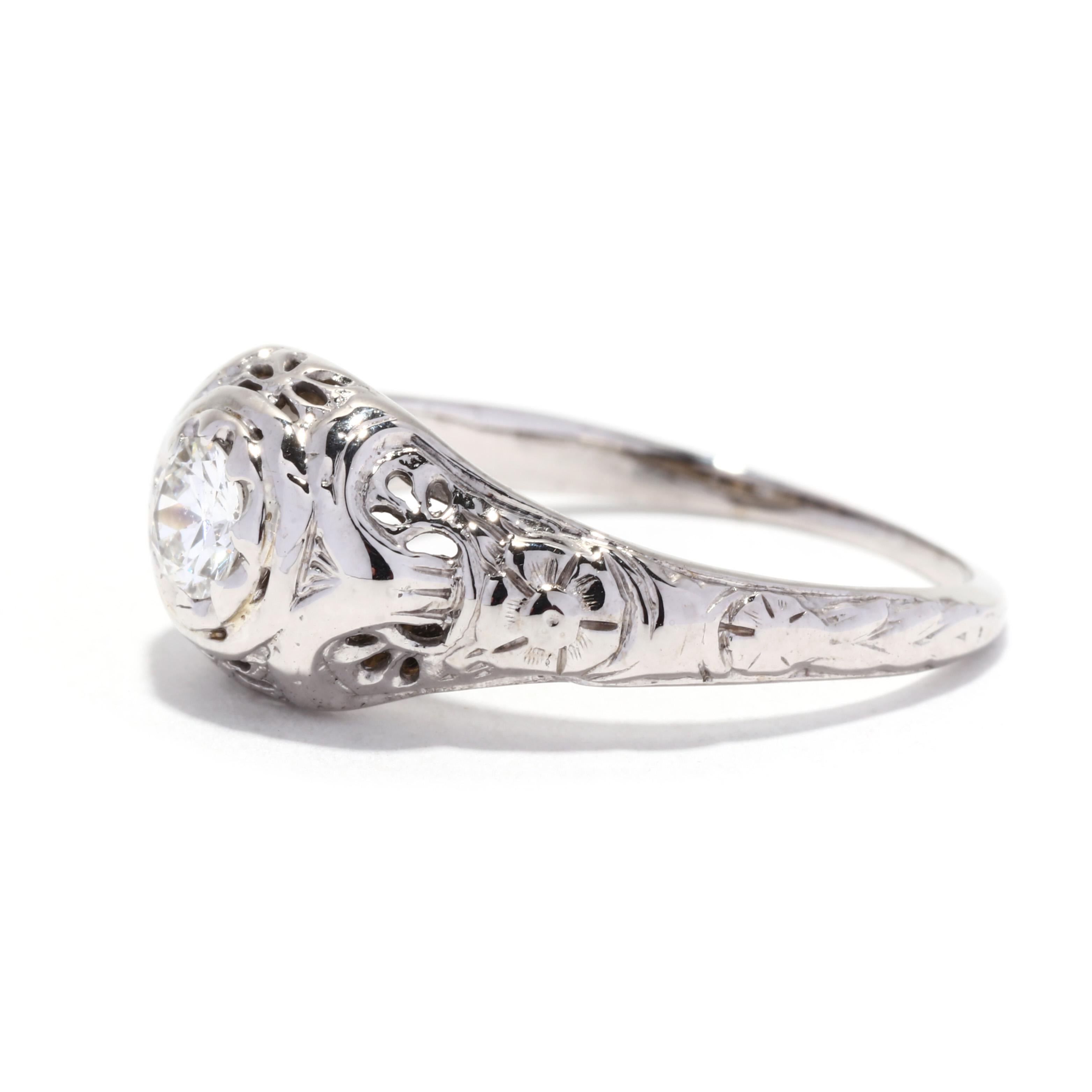 Women's or Men's Art Deco .36ct Old European Cut Diamond Engagement Ring, 18K WG, Ring Size 8 For Sale