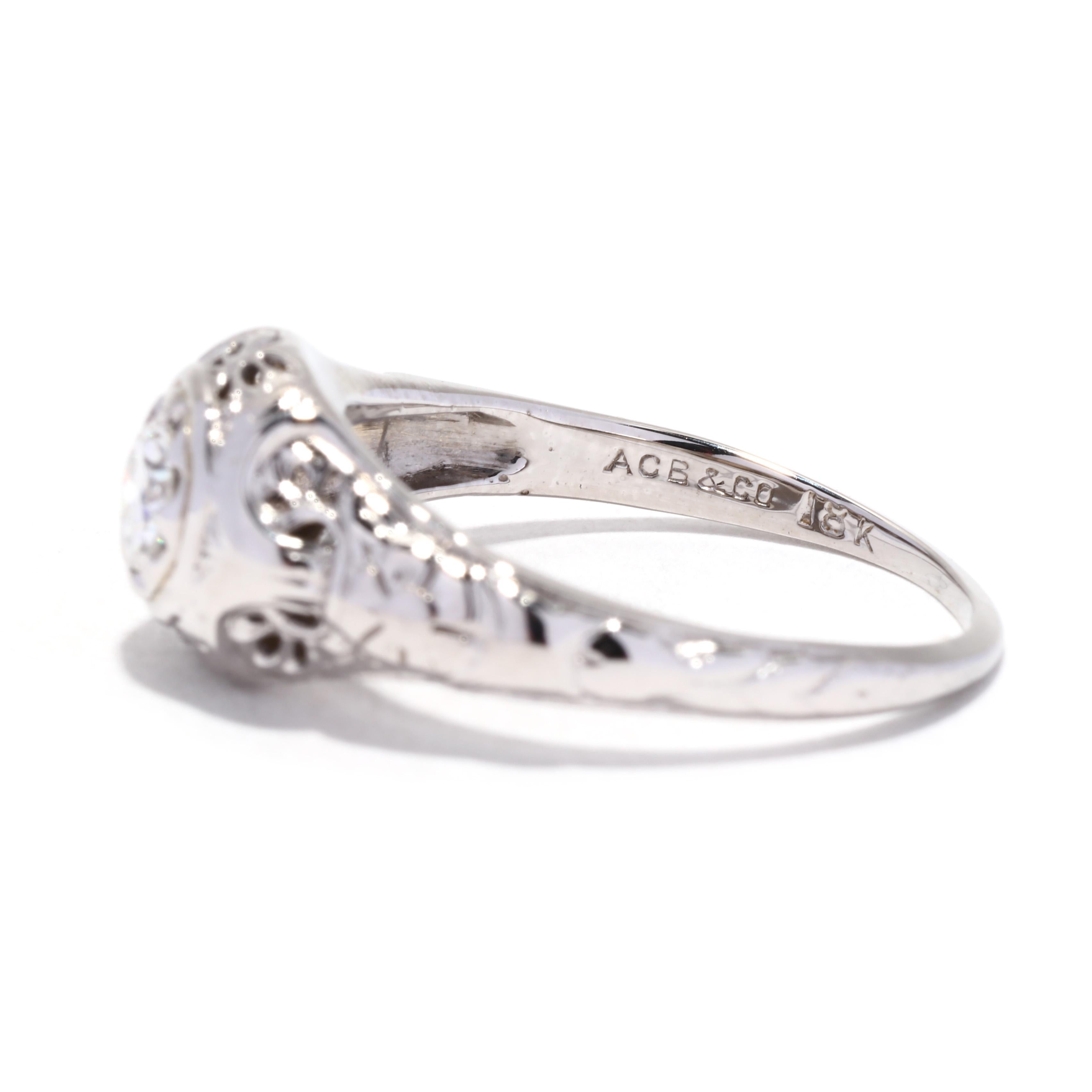Art Deco .36ct Old European Cut Diamond Engagement Ring, 18K WG, Ring Size 8 For Sale 1