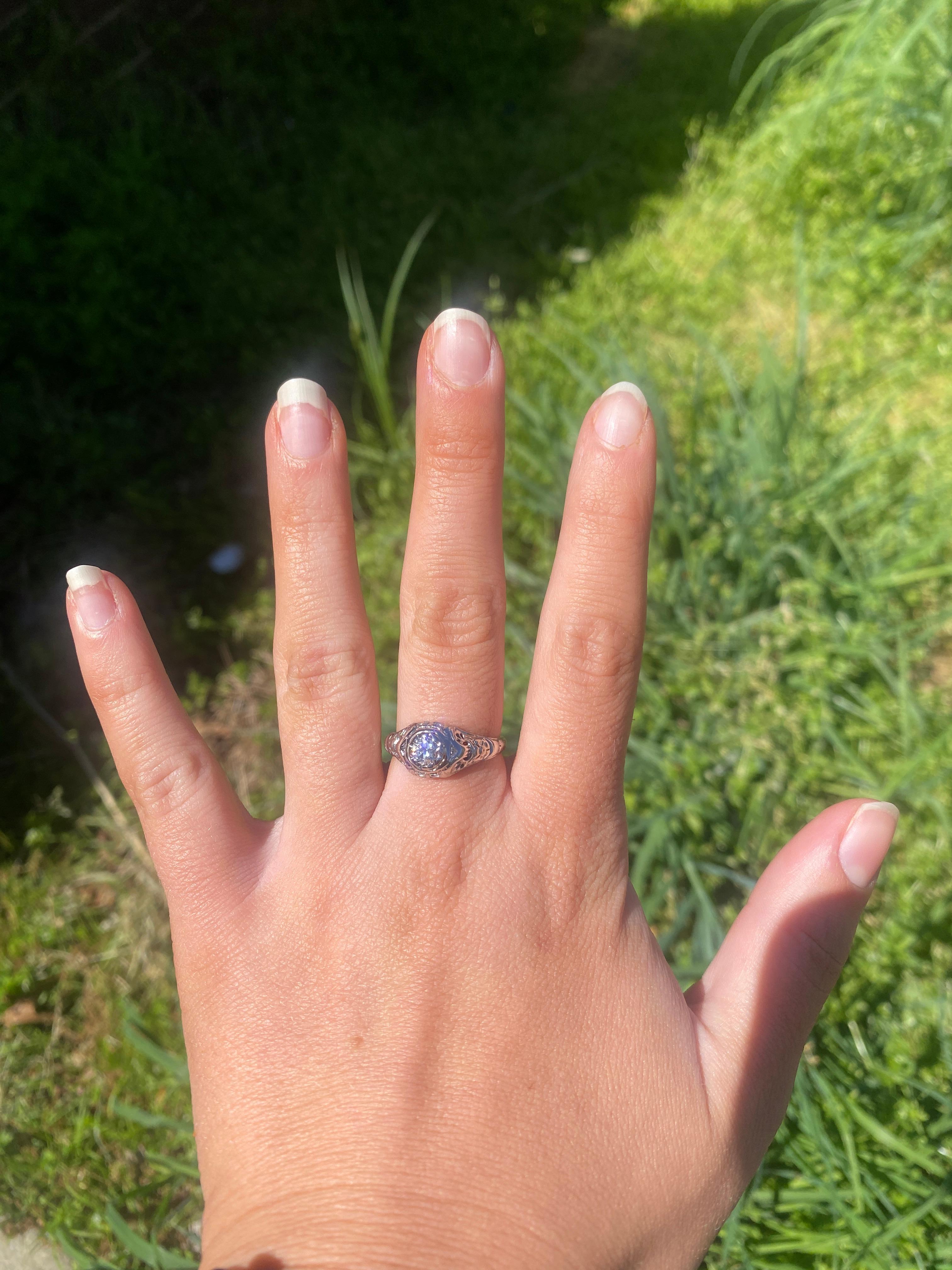 Art Deco .36ct Old European Cut Diamond Engagement Ring, 18K WG, Ring Size 8 For Sale 2