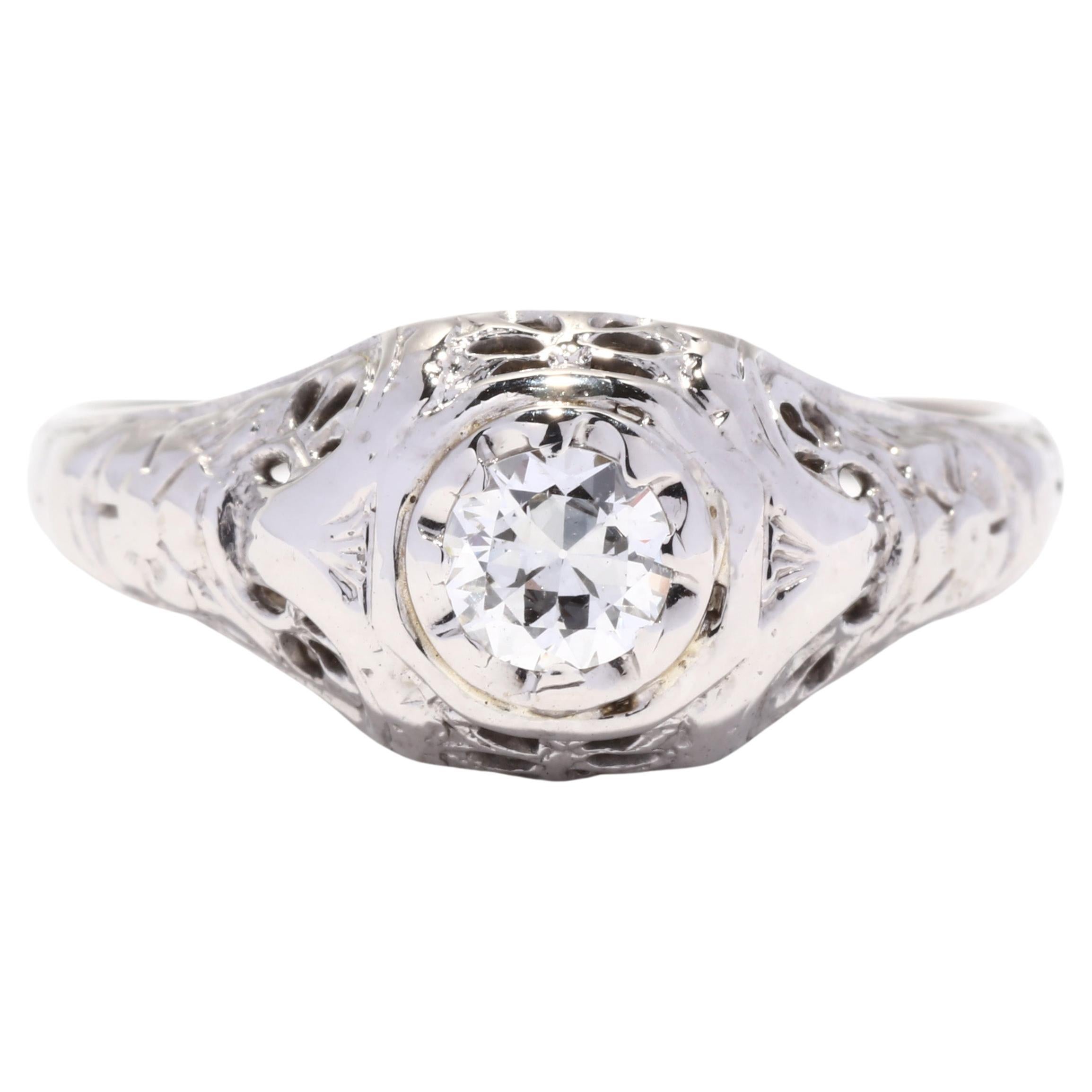 Art Deco .36ct Old European Cut Diamond Engagement Ring, 18K WG, Ring Size 8