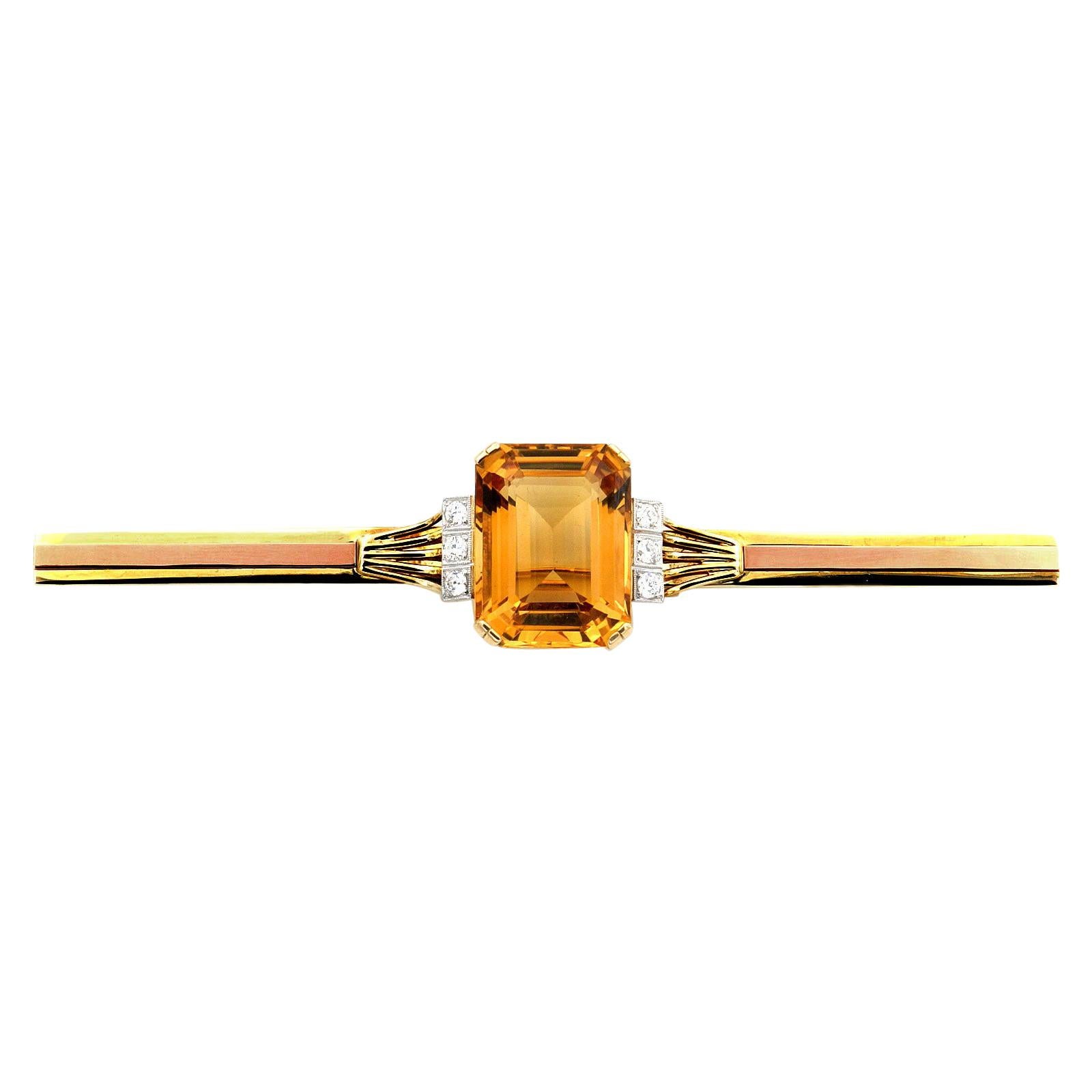 Art Deco 37 Carat Citrine Diamond Gold Bar Brooch, circa 1930