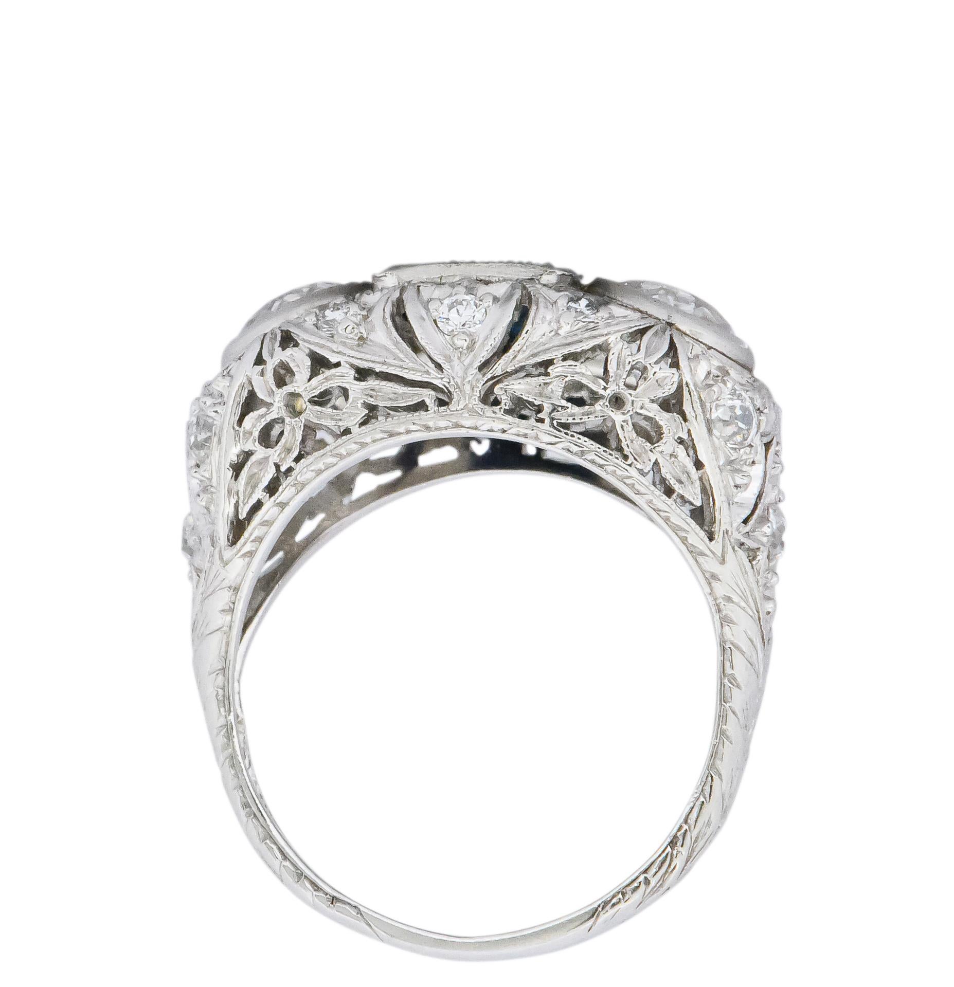 Art Deco 3.70 Carat No Heat Sapphire Diamond Platinum Anniversary Ring AGL In Excellent Condition In Philadelphia, PA