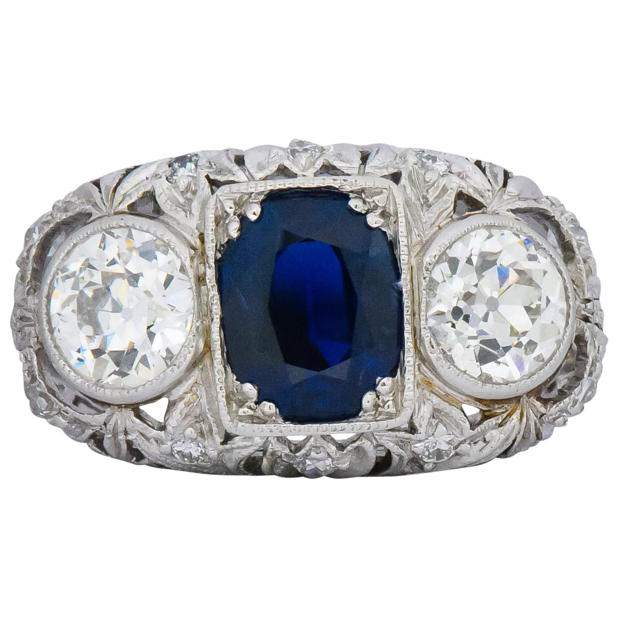 Art Deco 3.70 Carat No Heat Sapphire Diamond Platinum Anniversary Ring AGL