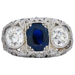 Art Deco 3.70 Carat No Heat Sapphire Diamond Platinum Anniversary Ring AGL