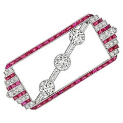 Art Deco 3.70ct Diamond 1.50ct French Cut Ruby Platinum Pin