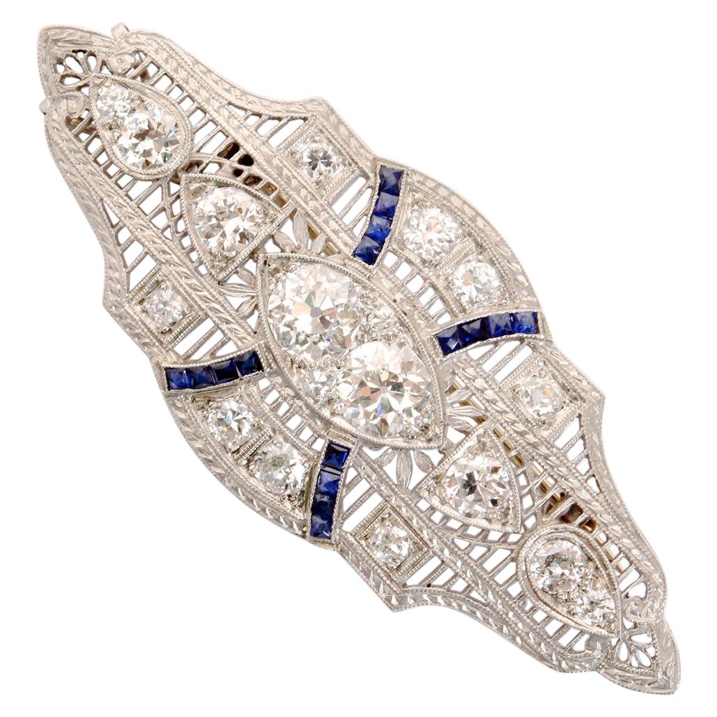 Art Deco Brooch/Pendant Platinum Filigree Setting Set With Diamonds & Sapphires