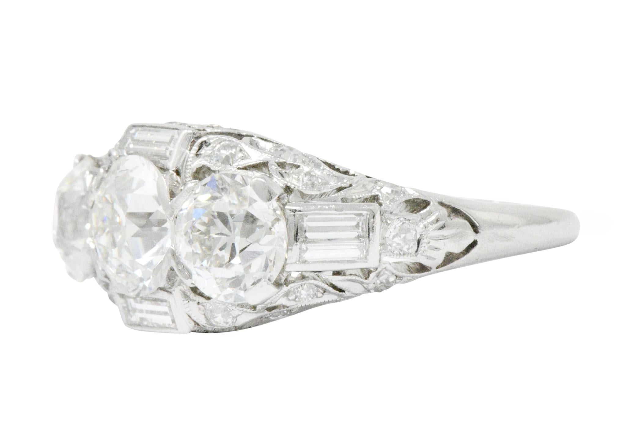 Old European Cut Art Deco 3.75 Carat Diamond Platinum Three-Stone Band Ring GIA