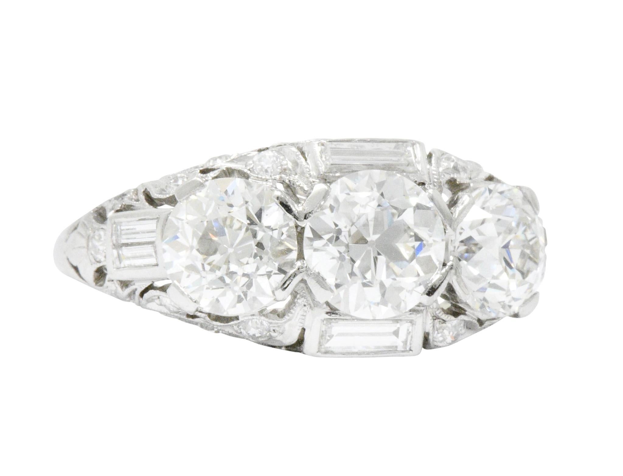 Art Deco 3.75 Carat Diamond Platinum Three-Stone Band Ring GIA In Excellent Condition In Philadelphia, PA
