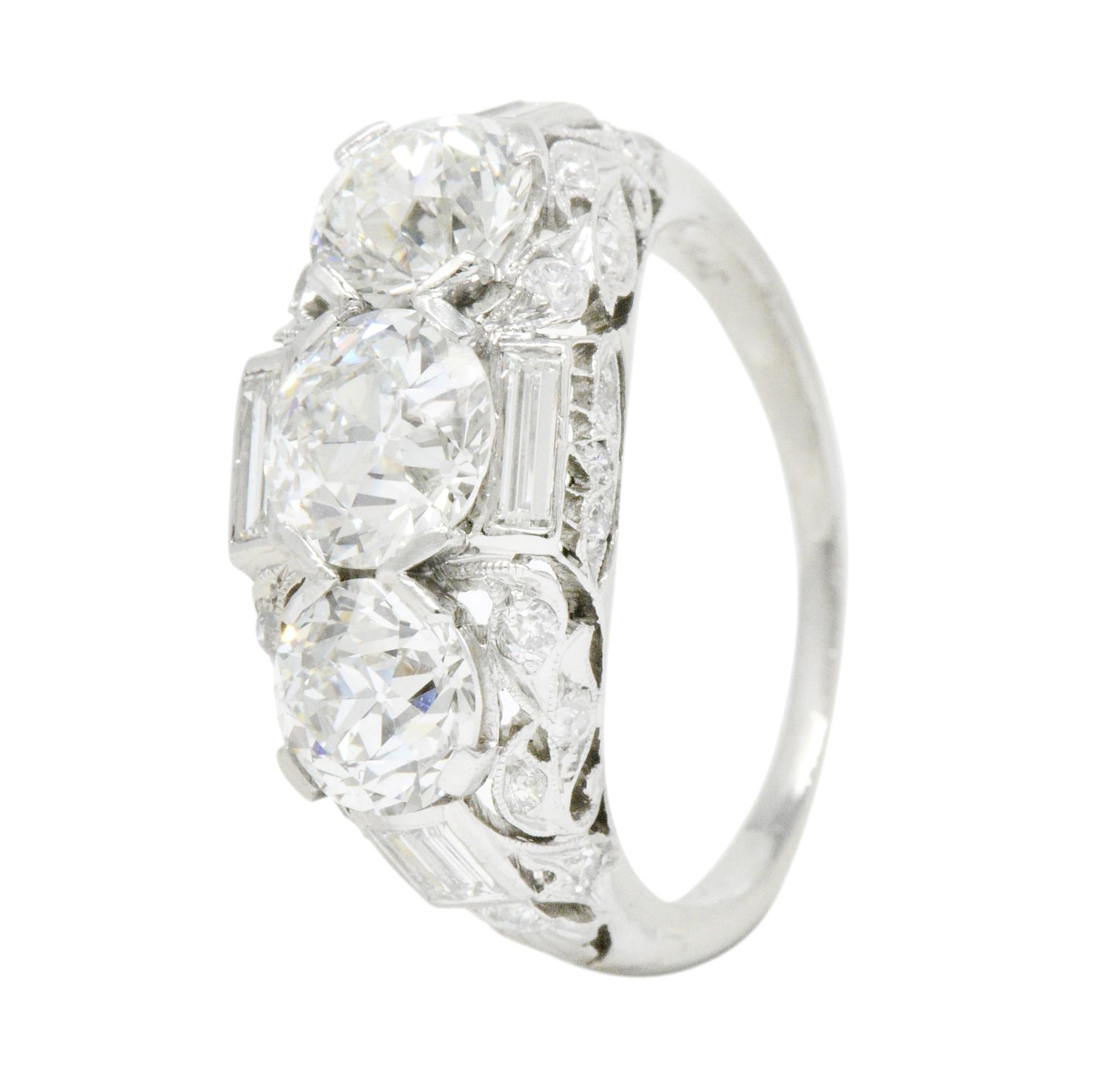 Women's or Men's Art Deco 3.75 Carat Diamond Platinum Three-Stone Band Ring GIA
