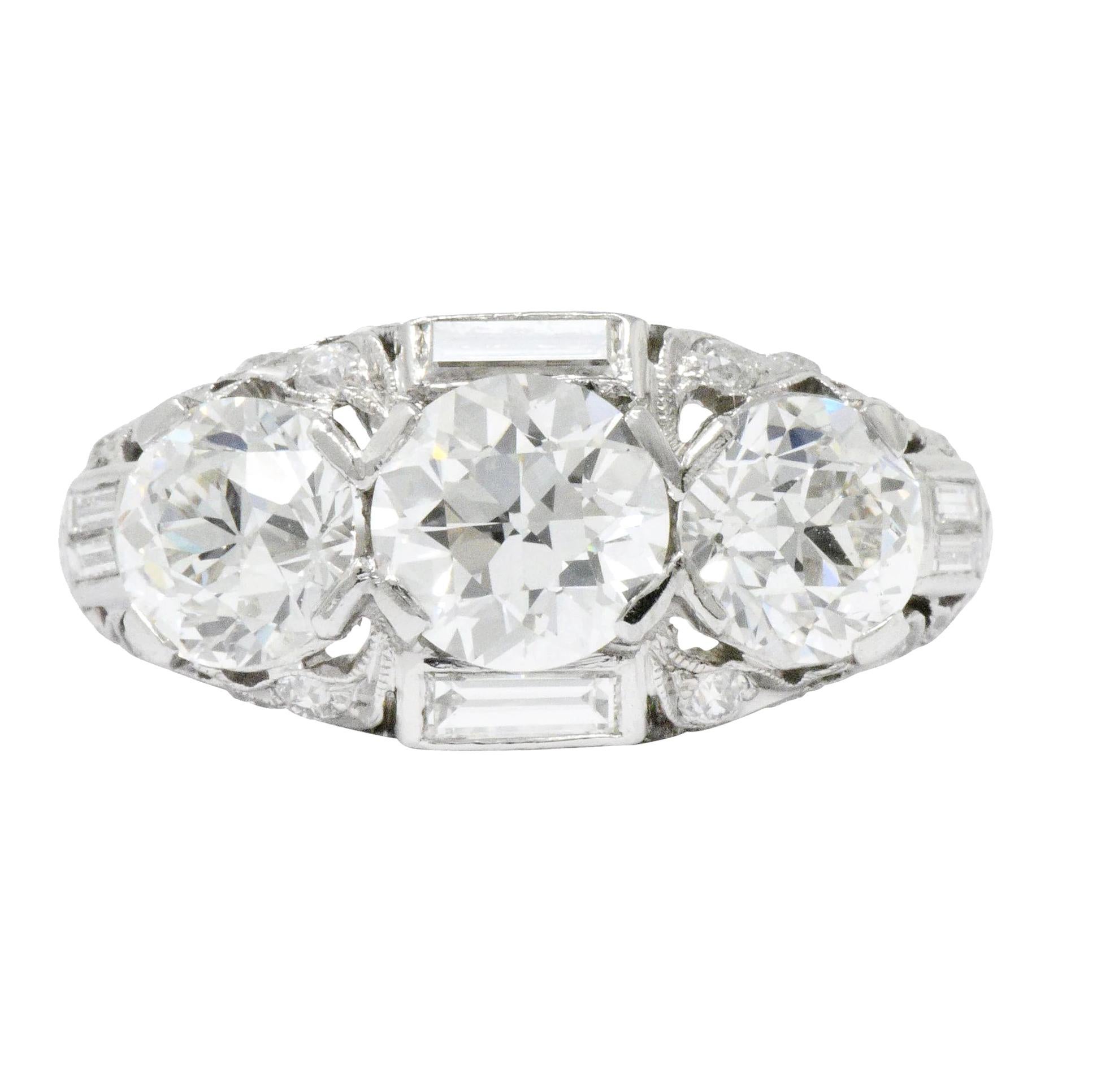 Art Deco 3.75 Carat Diamond Platinum Three-Stone Band Ring GIA 1