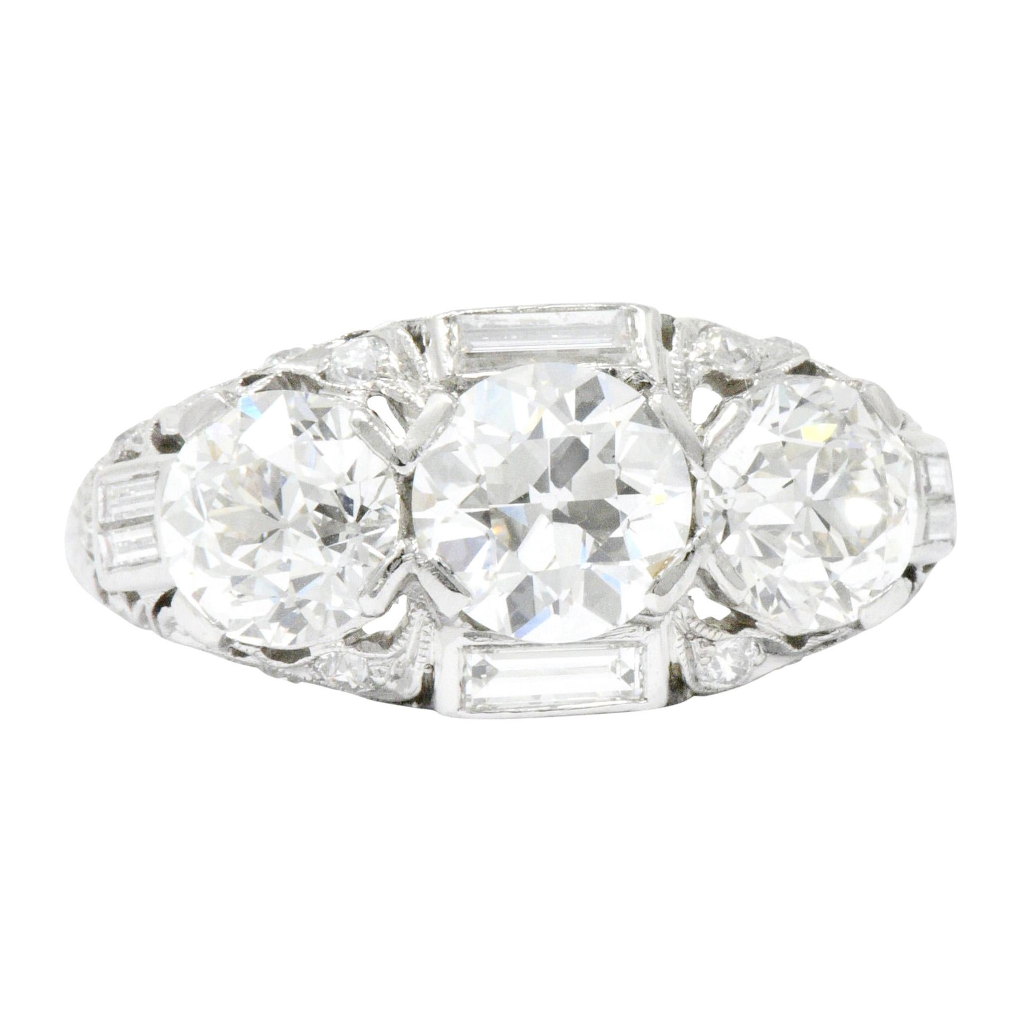 Art Deco 3.75 Carat Diamond Platinum Three-Stone Band Ring GIA