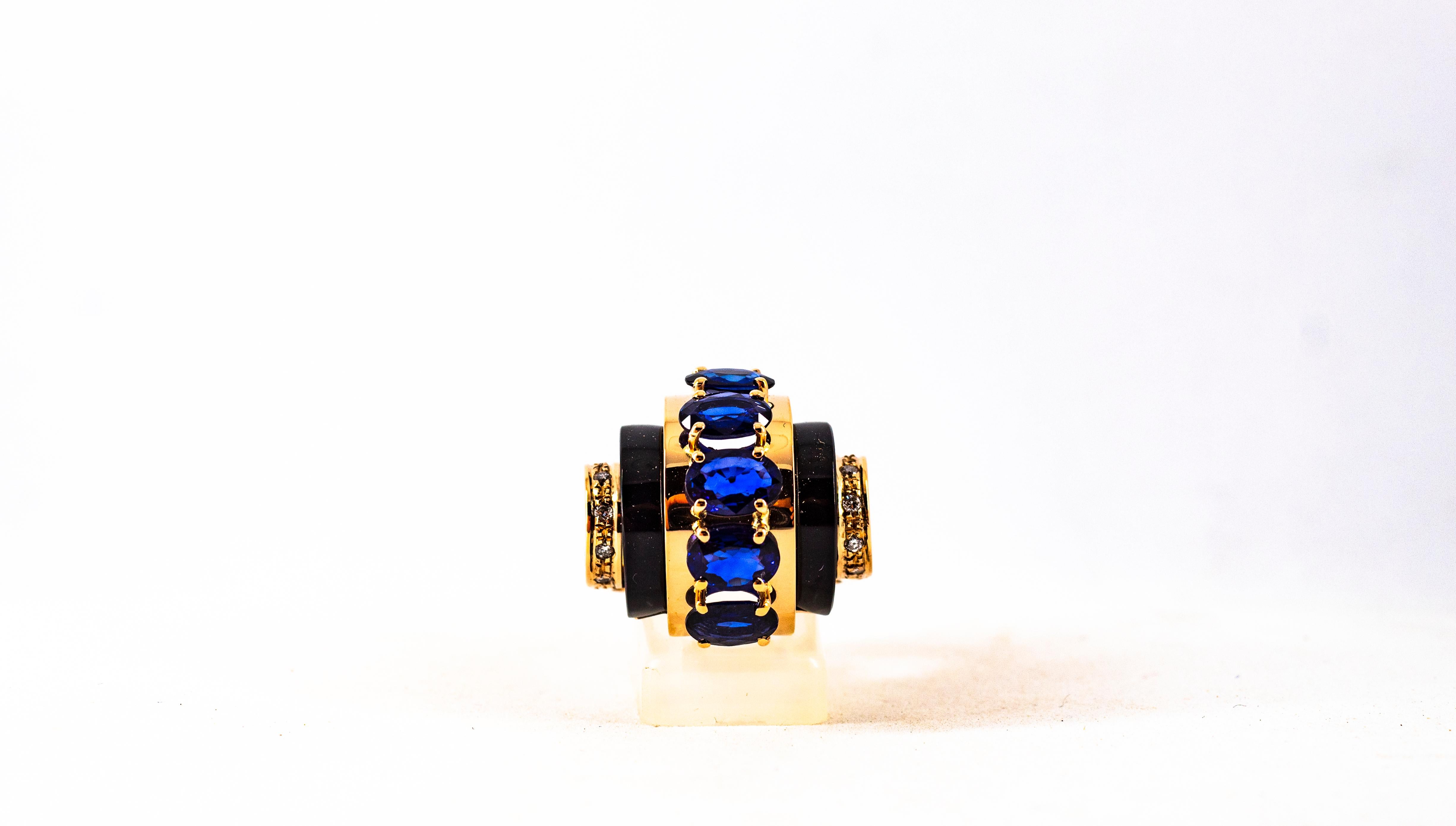 Art Deco Style 3.75 Carat White Diamond Blue Sapphire Onyx Yellow Gold Ring 5