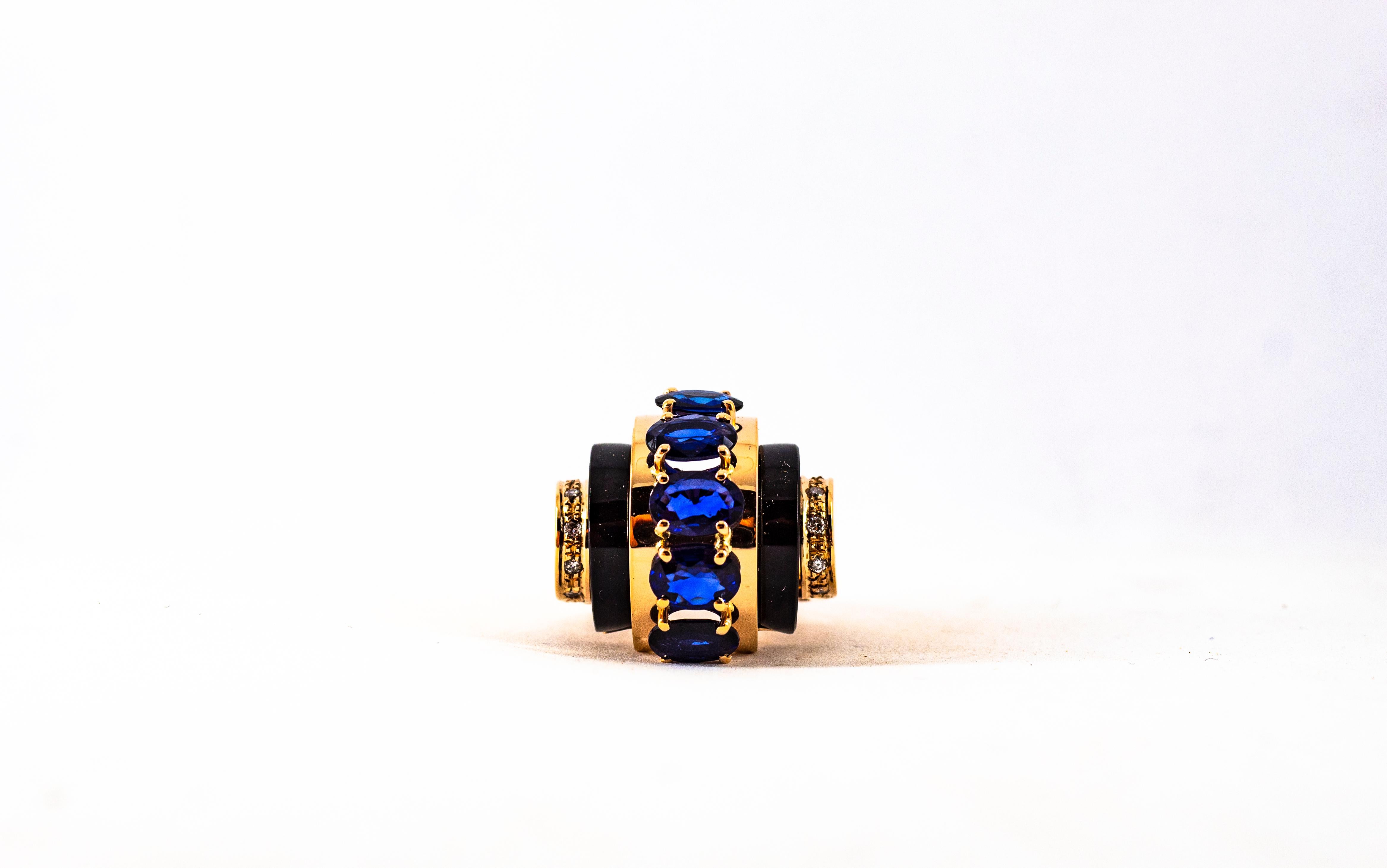Art Deco Style 3.75 Carat White Diamond Blue Sapphire Onyx Yellow Gold Ring 7