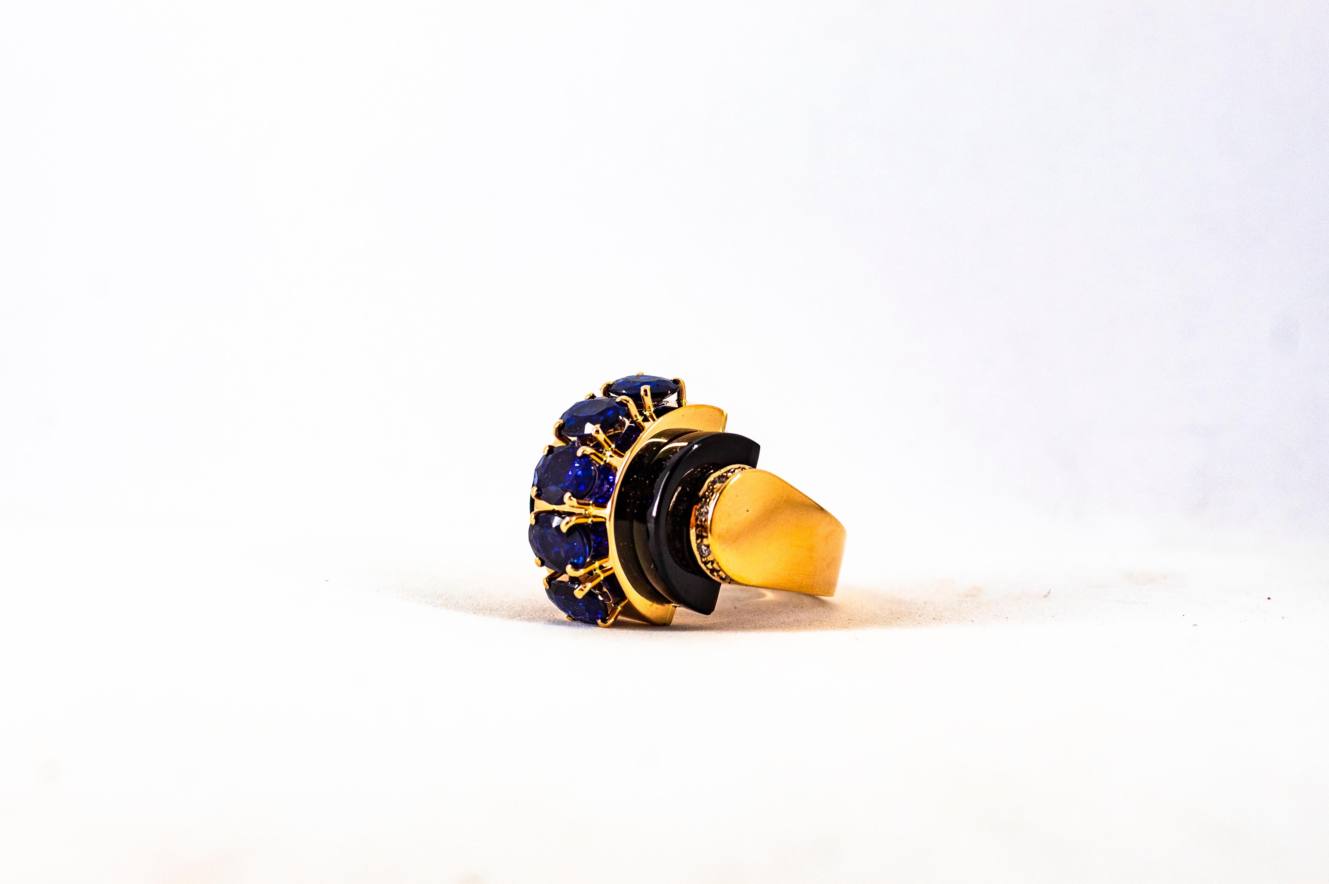 Art Deco Style 3.75 Carat White Diamond Blue Sapphire Onyx Yellow Gold Ring 8