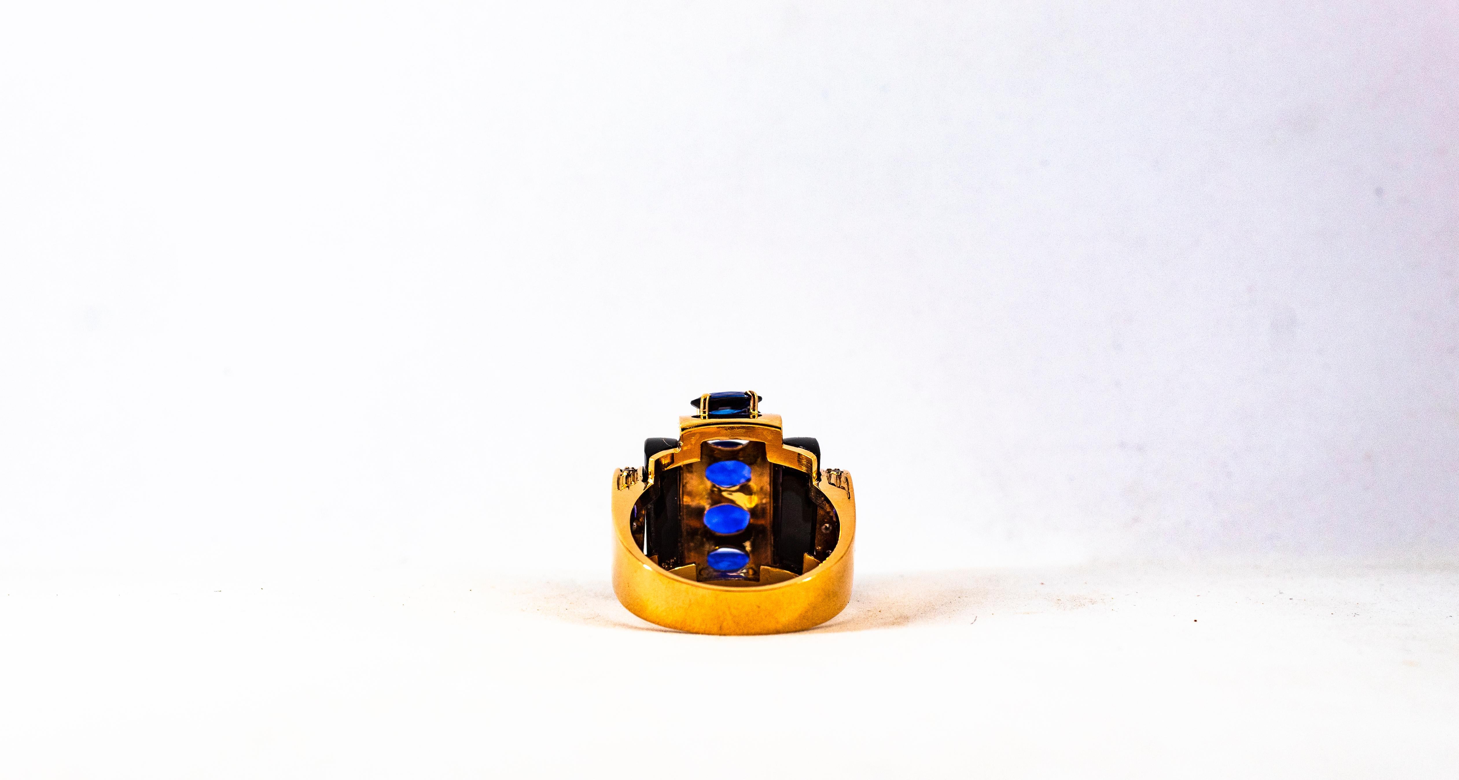 Art Deco Style 3.75 Carat White Diamond Blue Sapphire Onyx Yellow Gold Ring 10
